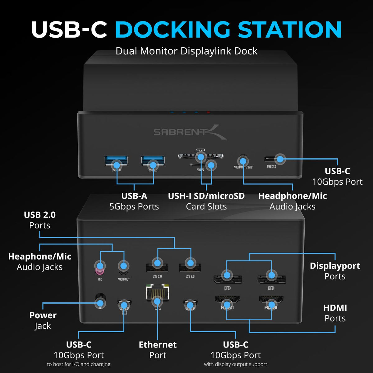 USB-C Universal Docking Station, Dual Monitor Displaylink Dock