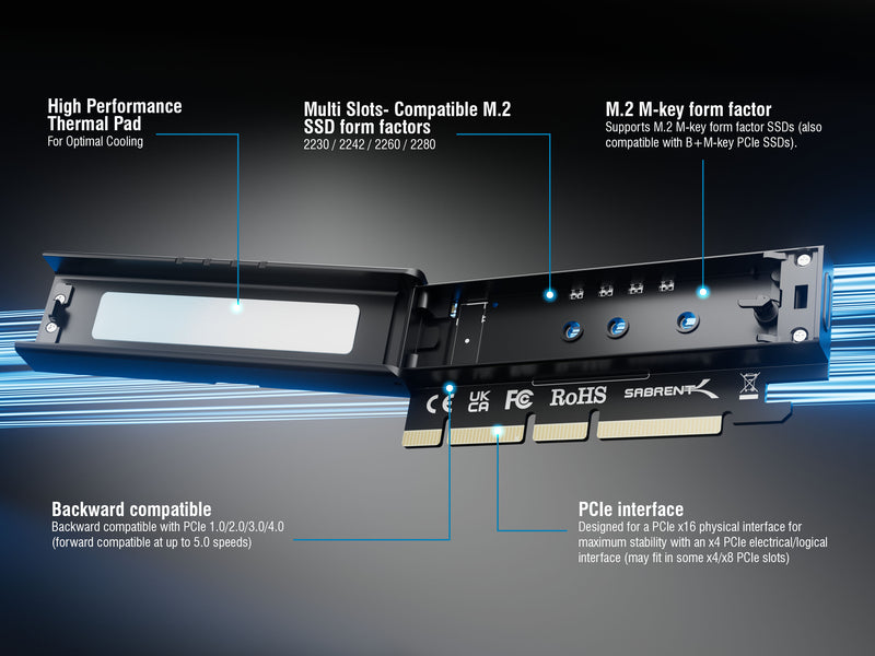 M.2 NVMe SSD to PCIe x16 Tool-Free Add-In Card (AIC)
