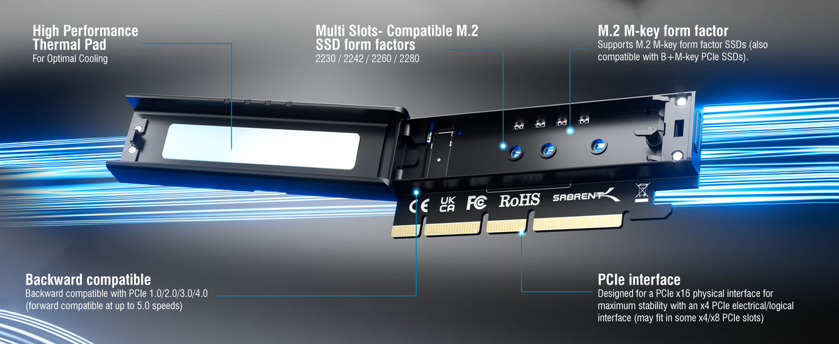 M.2 NVMe SSD to PCIe x16 Tool-Free Add-In Card (AIC)