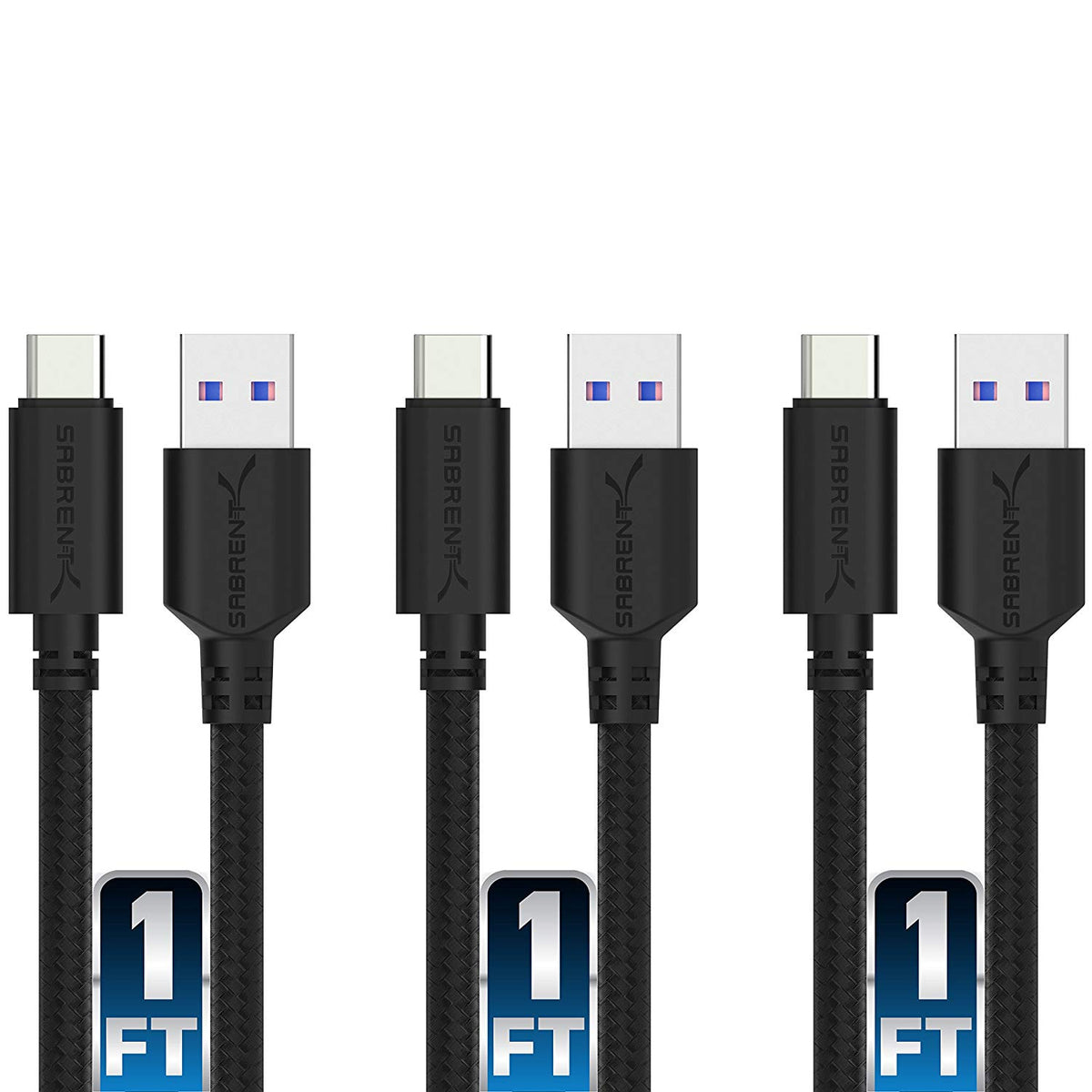 3-Pack 22AWG 1ft USB-C to USB A 3.0 Sync &amp; Charge Cables