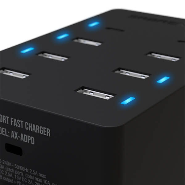 SABRENT 100 Watt 8-Port USB Rapid Charger [UL Certified ] - Includes 2 PD +  [6-Pack] Premium 6FT USB-C to USB A 2.0 Sync and Charge Cables