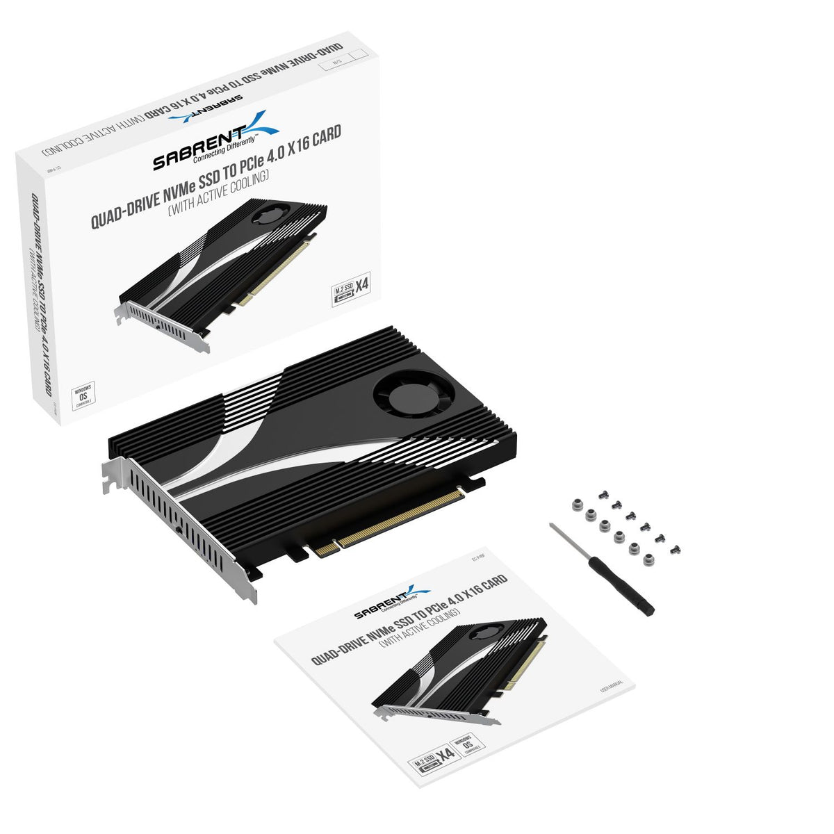 4-Drive M.2 NVMe SSD to PCIe 4.0 x16 Bifurcation Adapter Card with Active Cooling