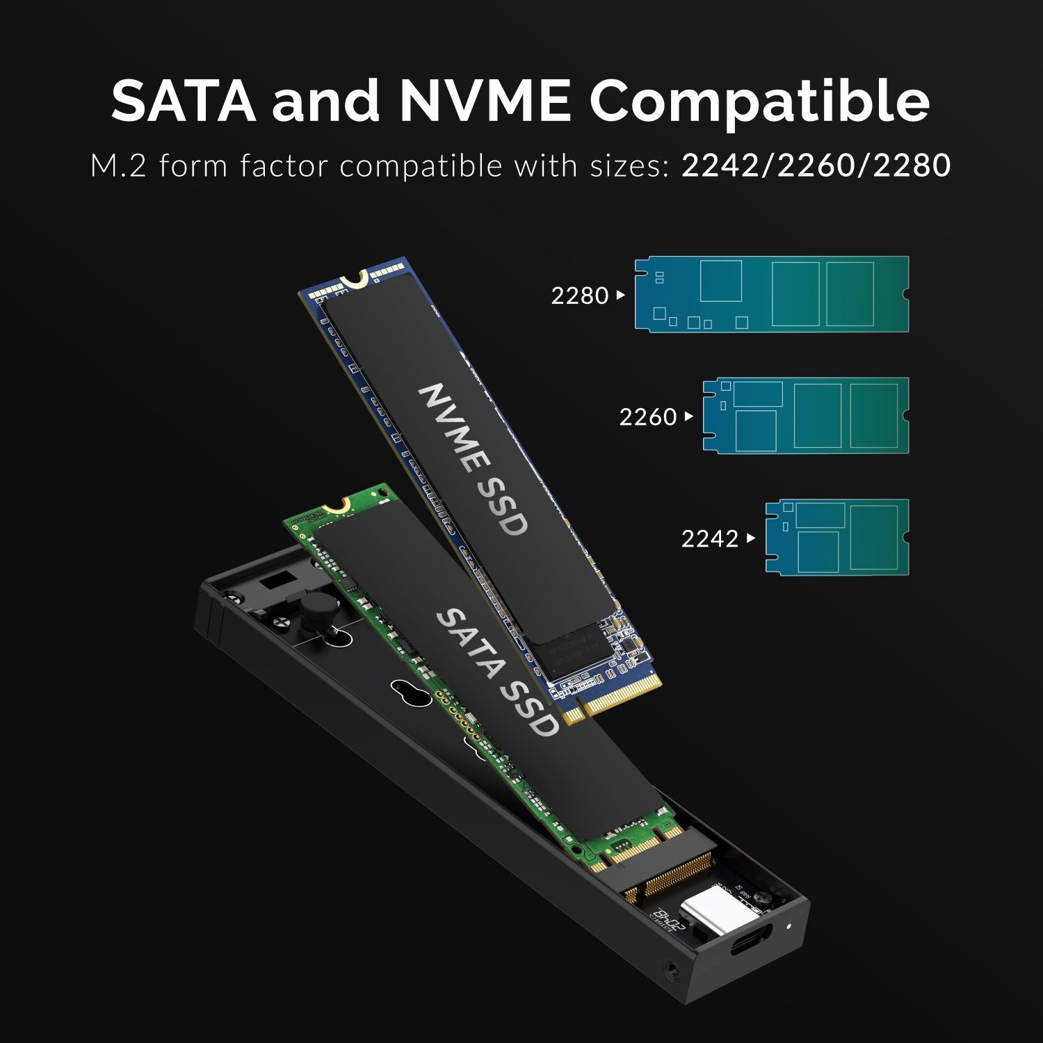 Sabrent USB 3.2 Type C Tool Free Enclosure for M.2 PCIe NVMe and SATA SSDs (EC-SNVE)
