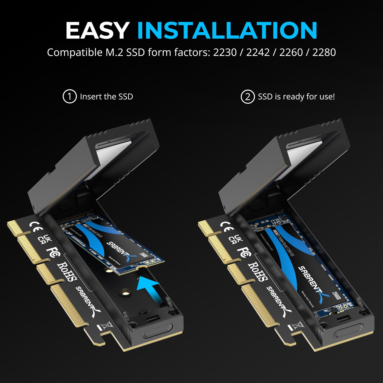 M.2 NVMe SSD to PCIe x16 Tool-Free Add-In Card (AIC) – Sabrent