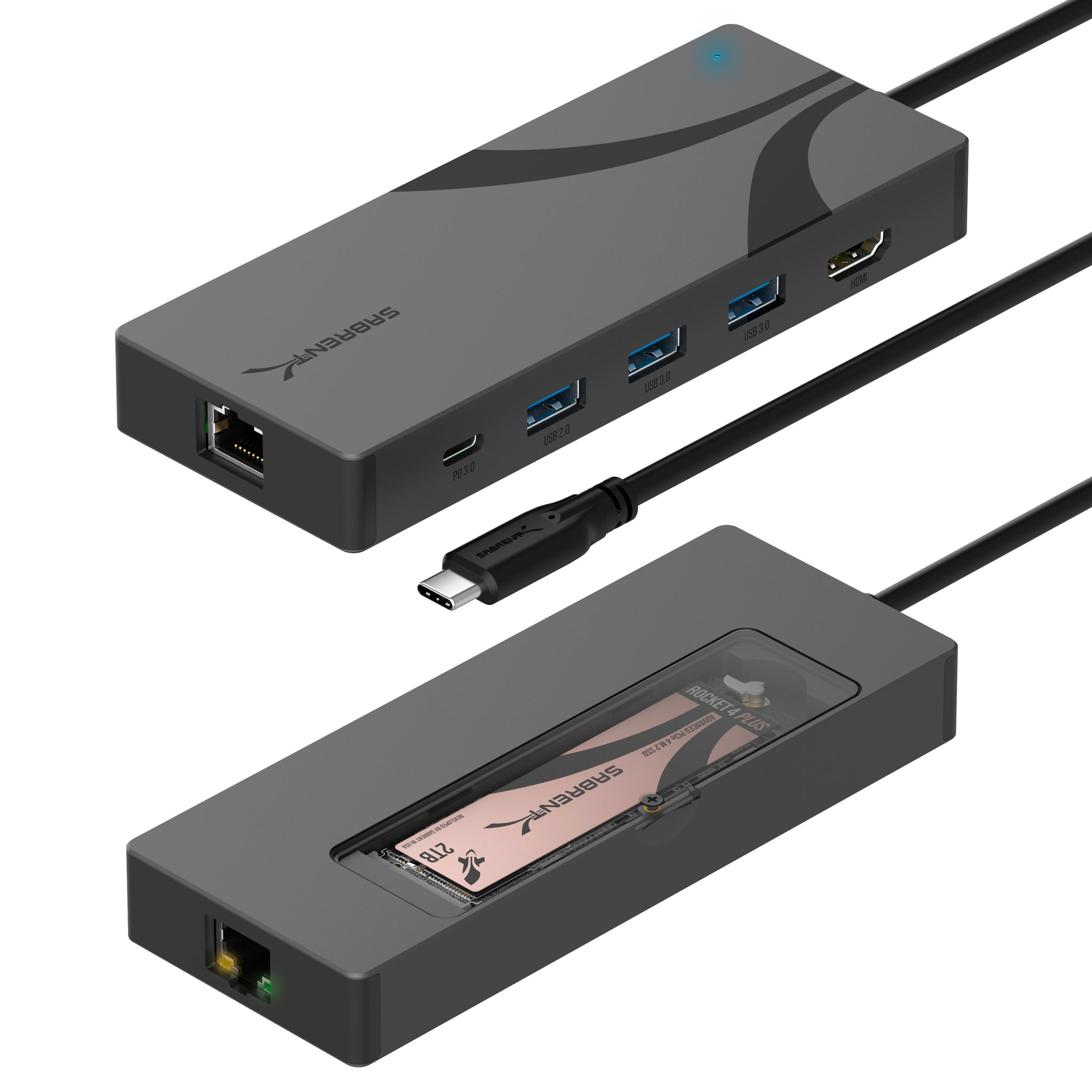 Sabrent USB-C 6-Port Hub with M.2 SSD Slot w/ Integrated USB-C Slot for M.2 2242, 1 x USB-C Power