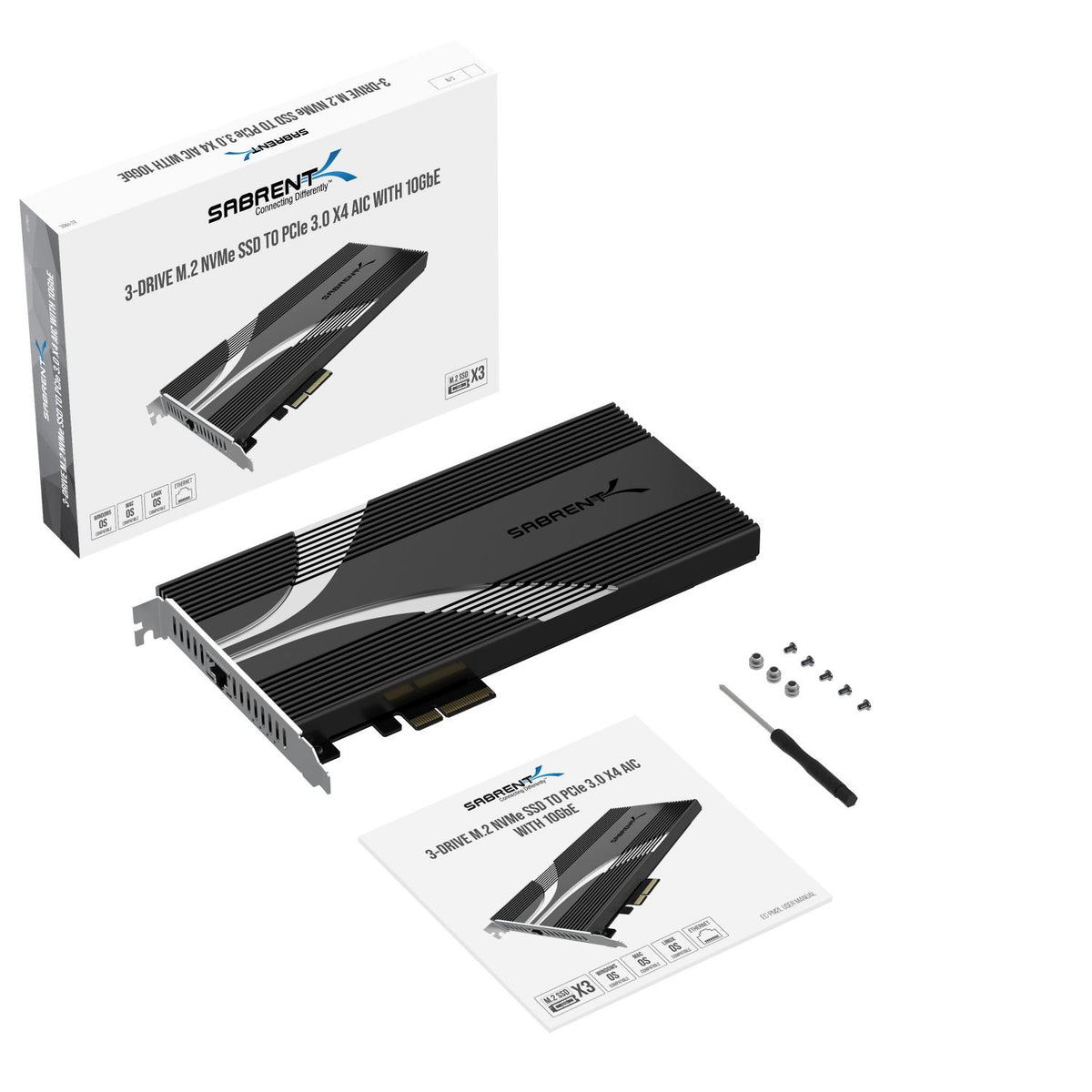 3-Drive PCIe 3.0x4 NVMe M.2 SSD Card with Ethernet Port