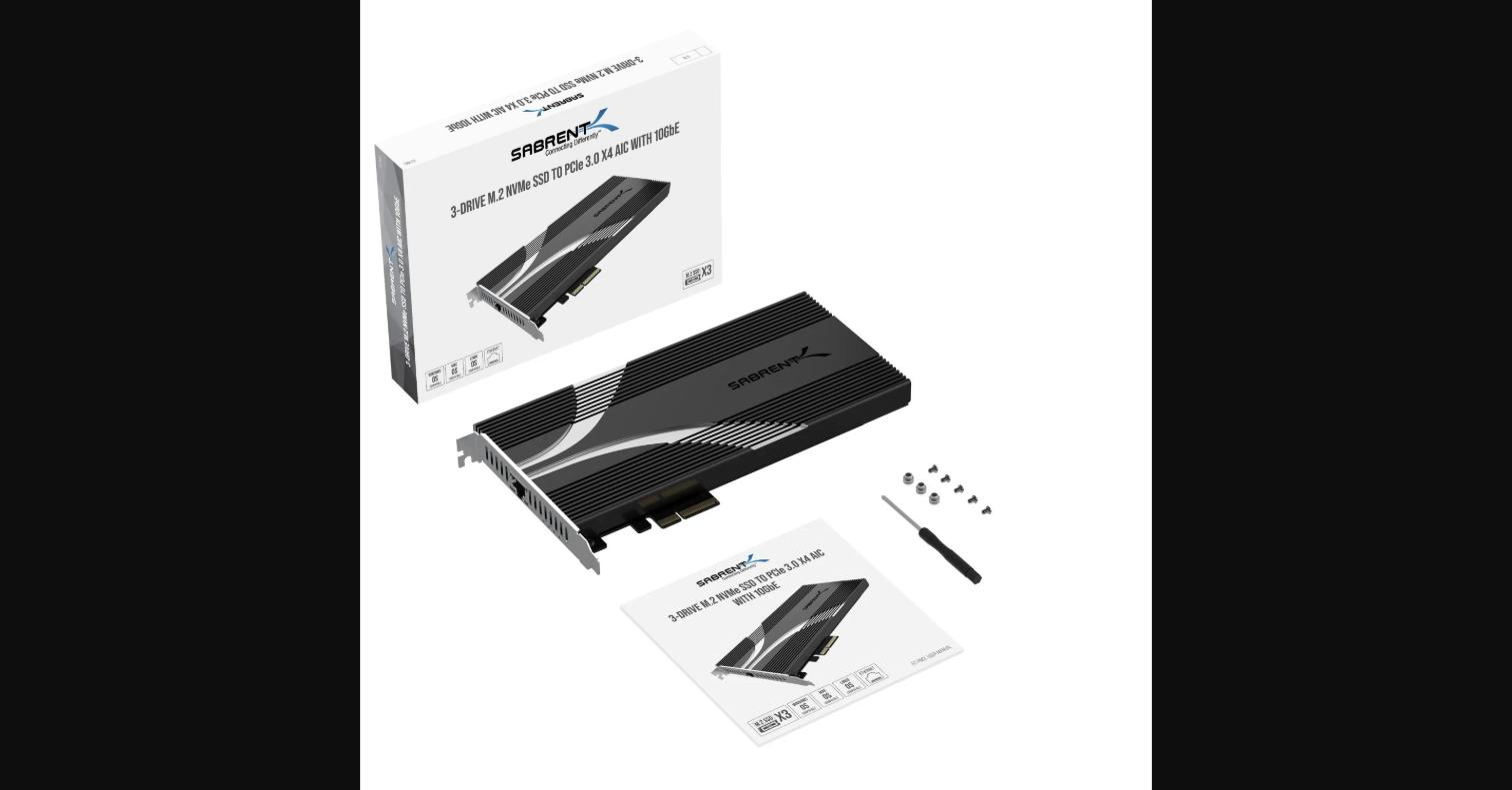 3-Drive PCIe 3.0x4 NVMe M.2 SSD Card with Ethernet Port
