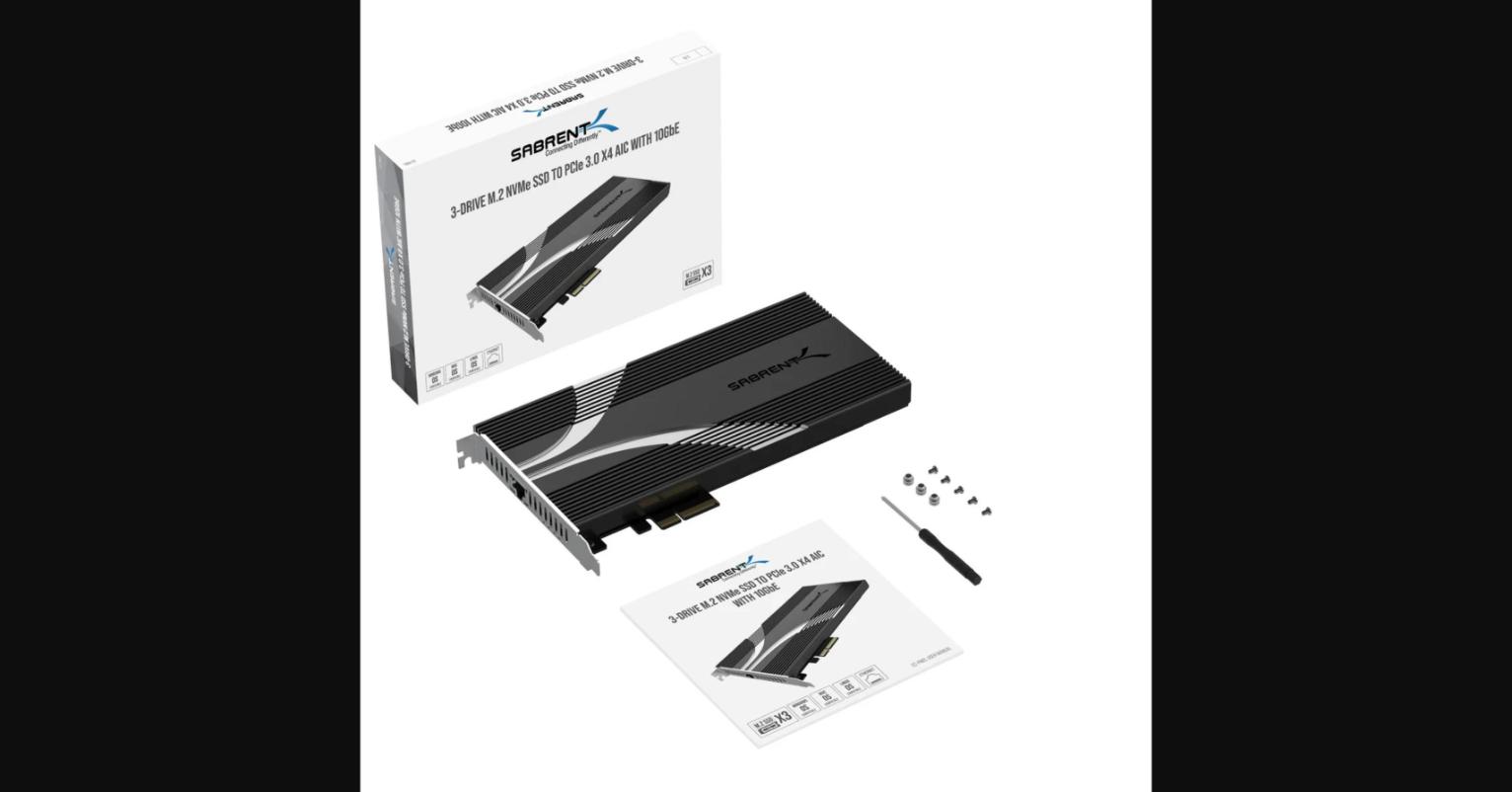 3-Drive PCIe 3.0x4 NVMe M.2 SSD Card with Ethernet Port