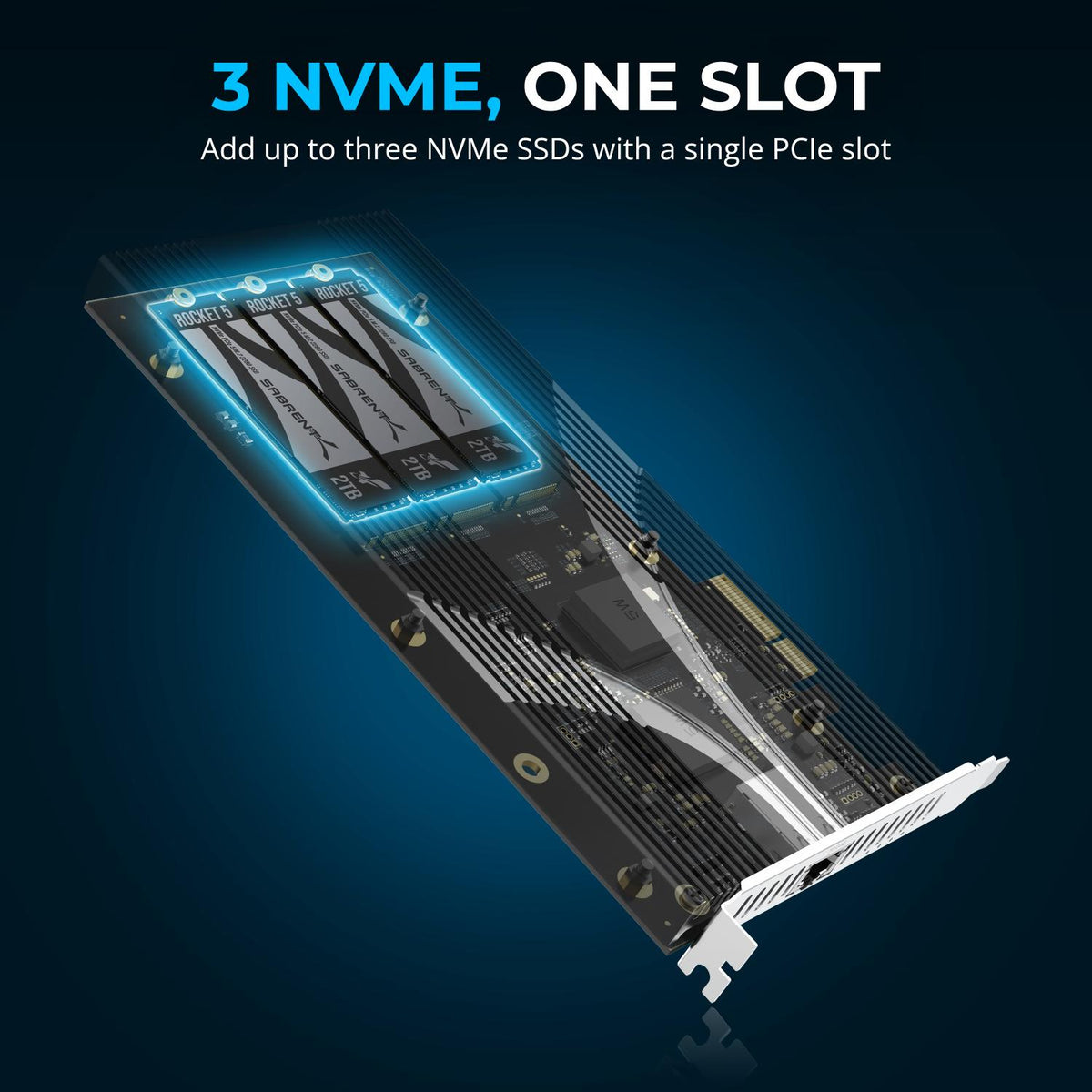 3-Drive PCIe 3.0x4 NVMe M.2 SSD Card with Ethernet Port
