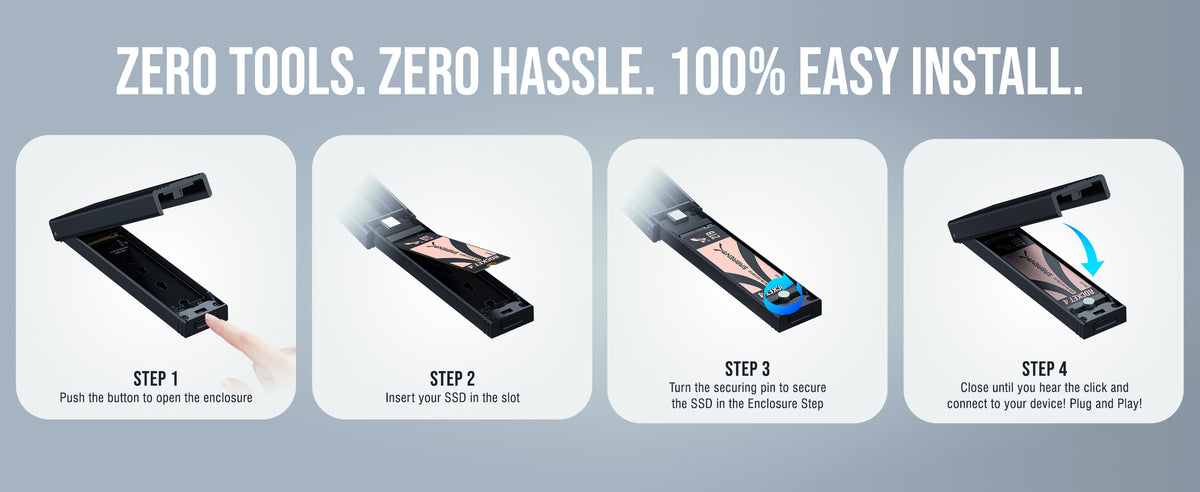 USB 3.2 Type-C Tool-Free Enclosure for M.2 PCIe NVMe and SATA SSDs