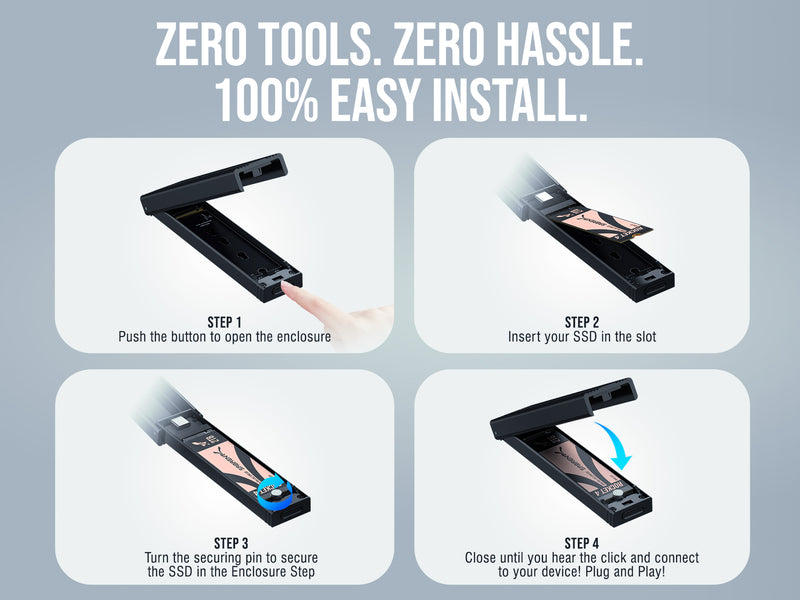 USB 3.2 Type-C Tool-Free Enclosure for M.2 PCIe NVMe and SATA SSDs
