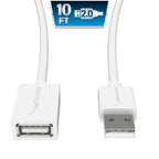22AWG USB 2.0 Extension Cable - A-Male to A-Female [White] 10 Feet