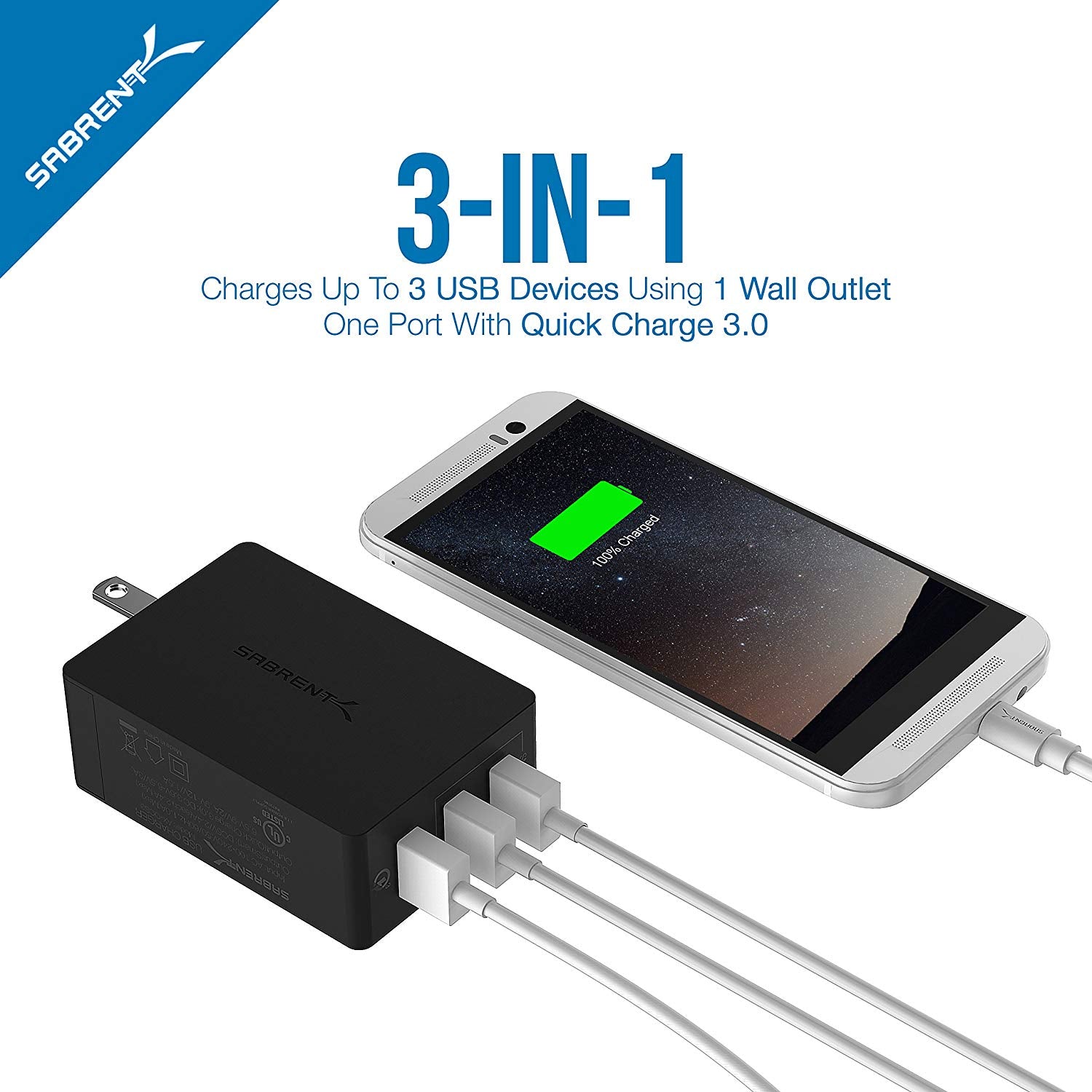Quick Charge 3.0 [UL Certified] 30W 3-Port Wall USB Rapid Charger