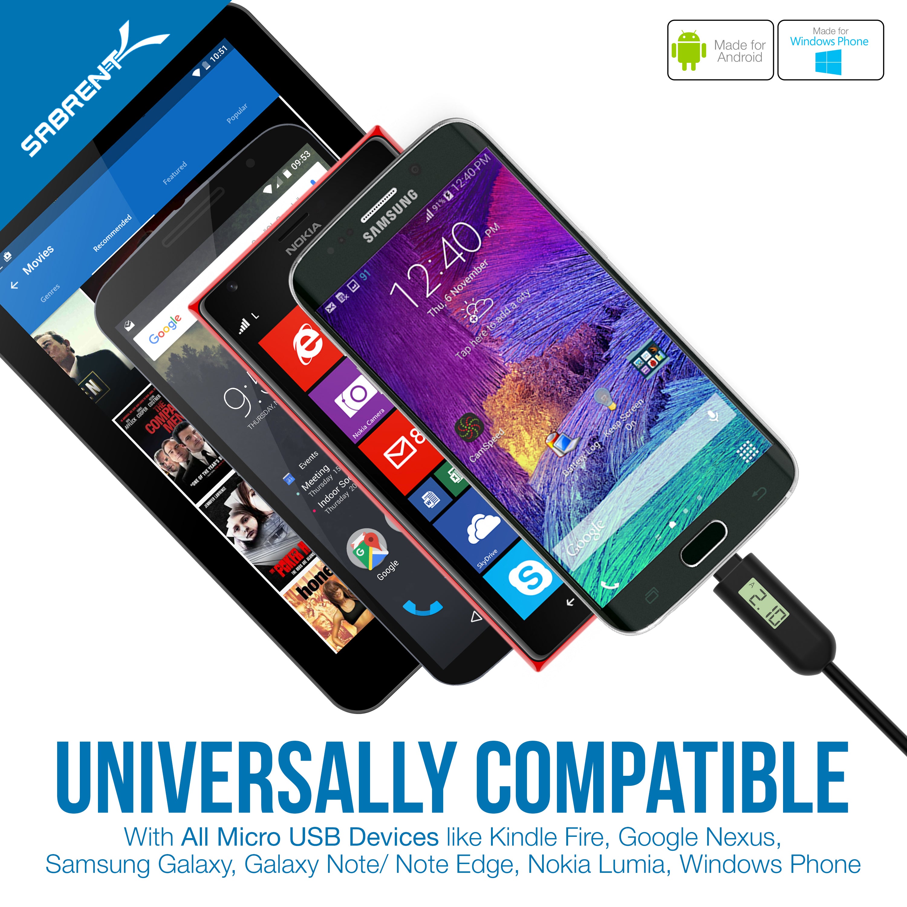 Micro USB cable with Voltage and Ampere Monitor (6 FT)