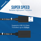 22AWG USB 3.0 Extension Cable - A-Male to A-Female [Black] 10 Feet