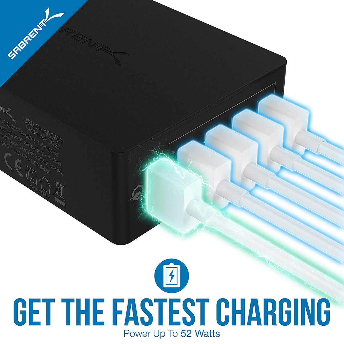 Quick Charge 3.0 [UL Certified] 54W 5-Port Family-Sized Desktop USB Rapid Charger. Smart USB Charger with Auto Detect Technology