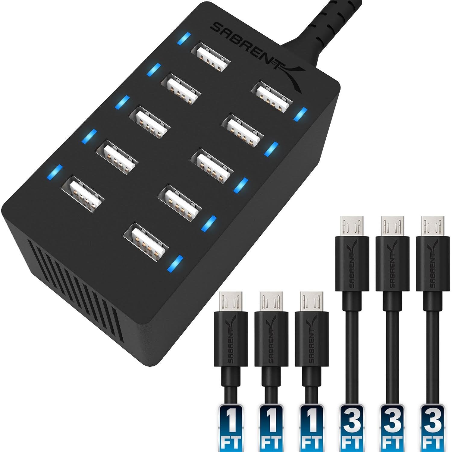 60 Watt (12 Amp) 10-Port Family-Sized Desktop USB Rapid Charger. + 6 Micro USB Cables [X3-3ft and X3-1ft] Black