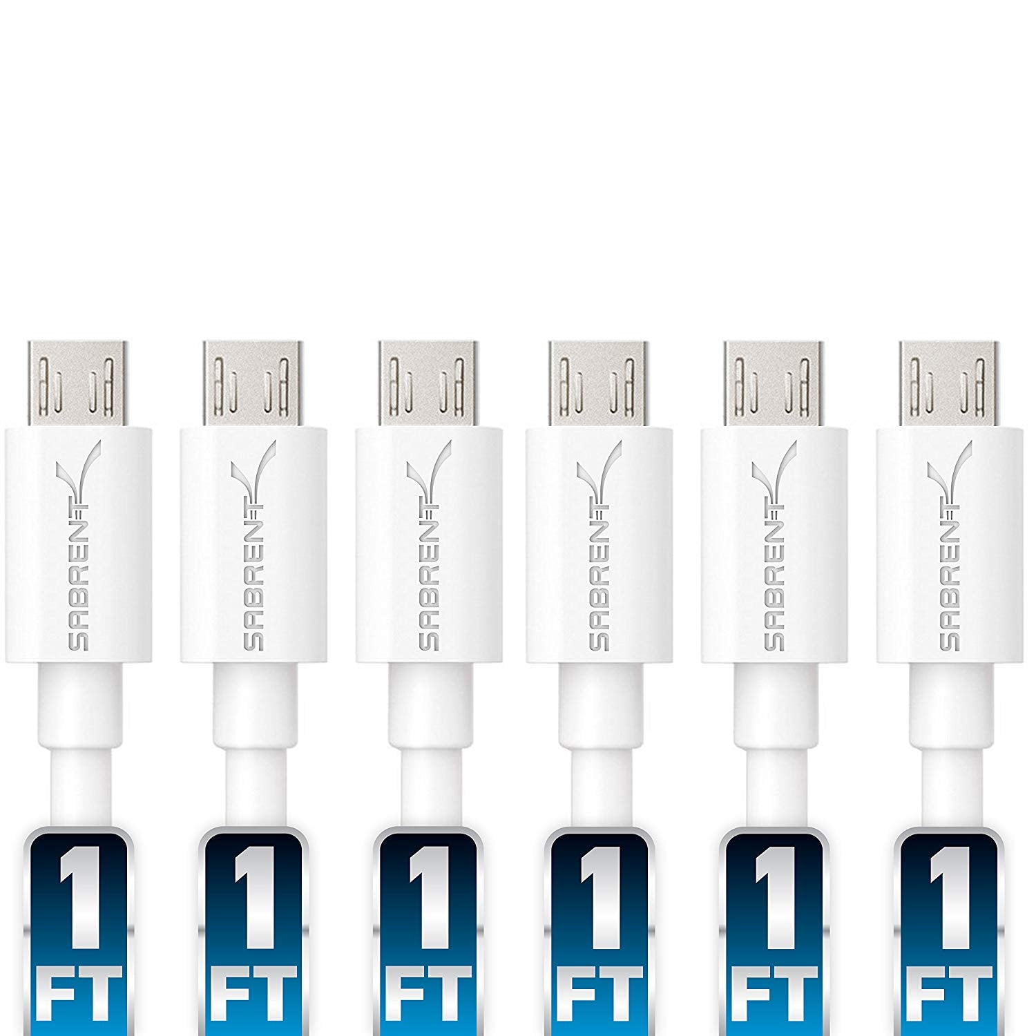 [6-Pack] 22AWG Premium 1ft Micro USB Cables High Speed USB 2.0 A Male to Micro B Sync and Charge Cables [White]