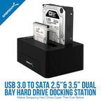 USB 3.0 to SATA Dual Bay Hard Drive Docking Station for 2.5" or 3.5" HDD, SSD