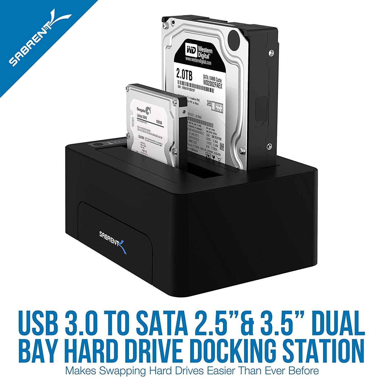 USB 3.0 to SATA Dual Bay Hard Drive Docking Station for 2.5" or 3.5" HDD, SSD