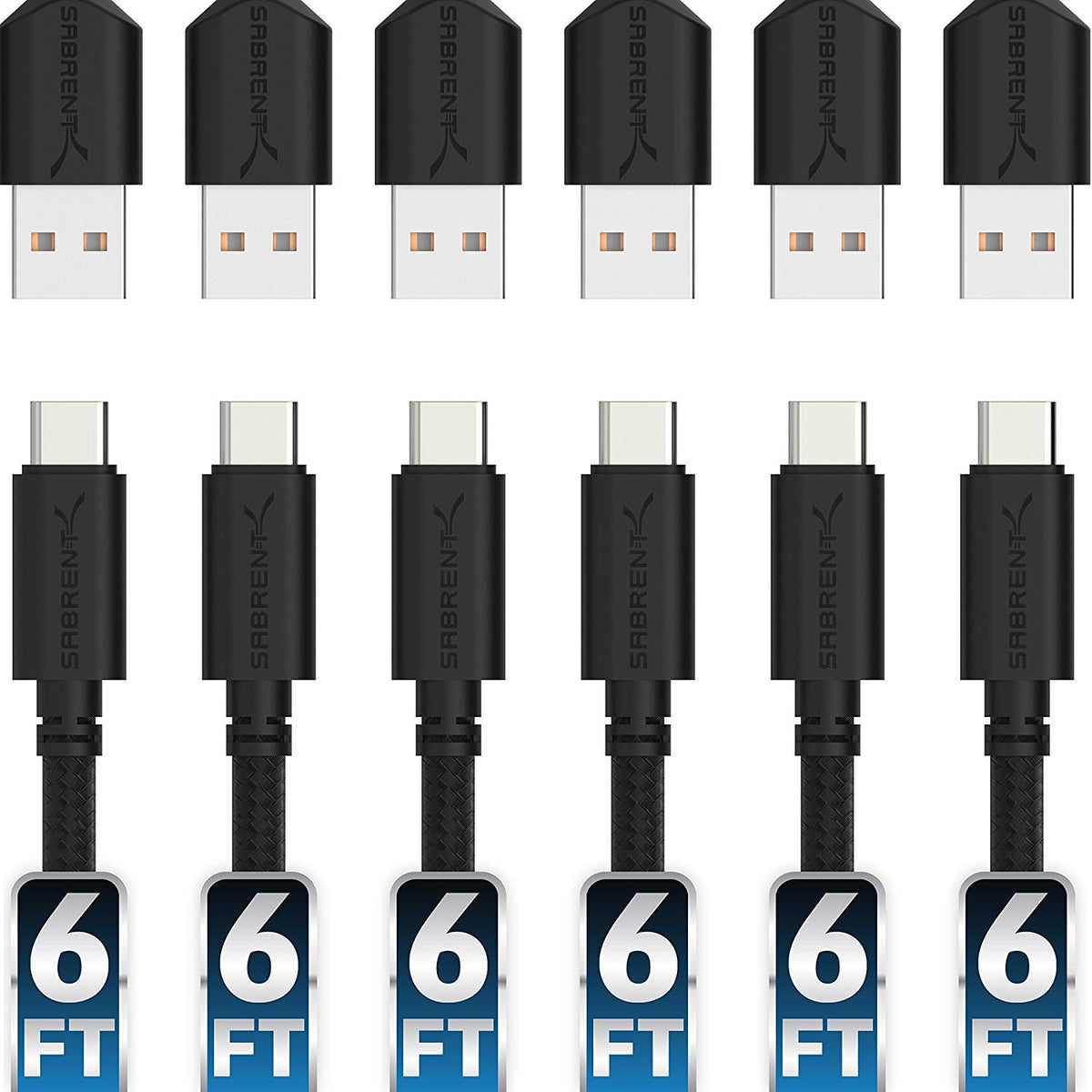 6-Pack 22AWG Premium 6ft USB-C to USB A 2.0 Cables