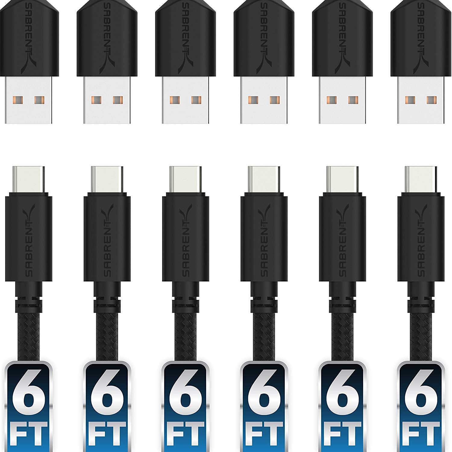 6-Pack 22AWG Premium 6ft USB-C to USB A 2.0 Cables