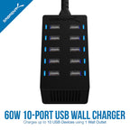 60 Watt (12 Amp) 10-Port Family-Sized Desktop USB Rapid Charger. + 6 Micro USB Cables [X3-3ft and X3-1ft] Black
