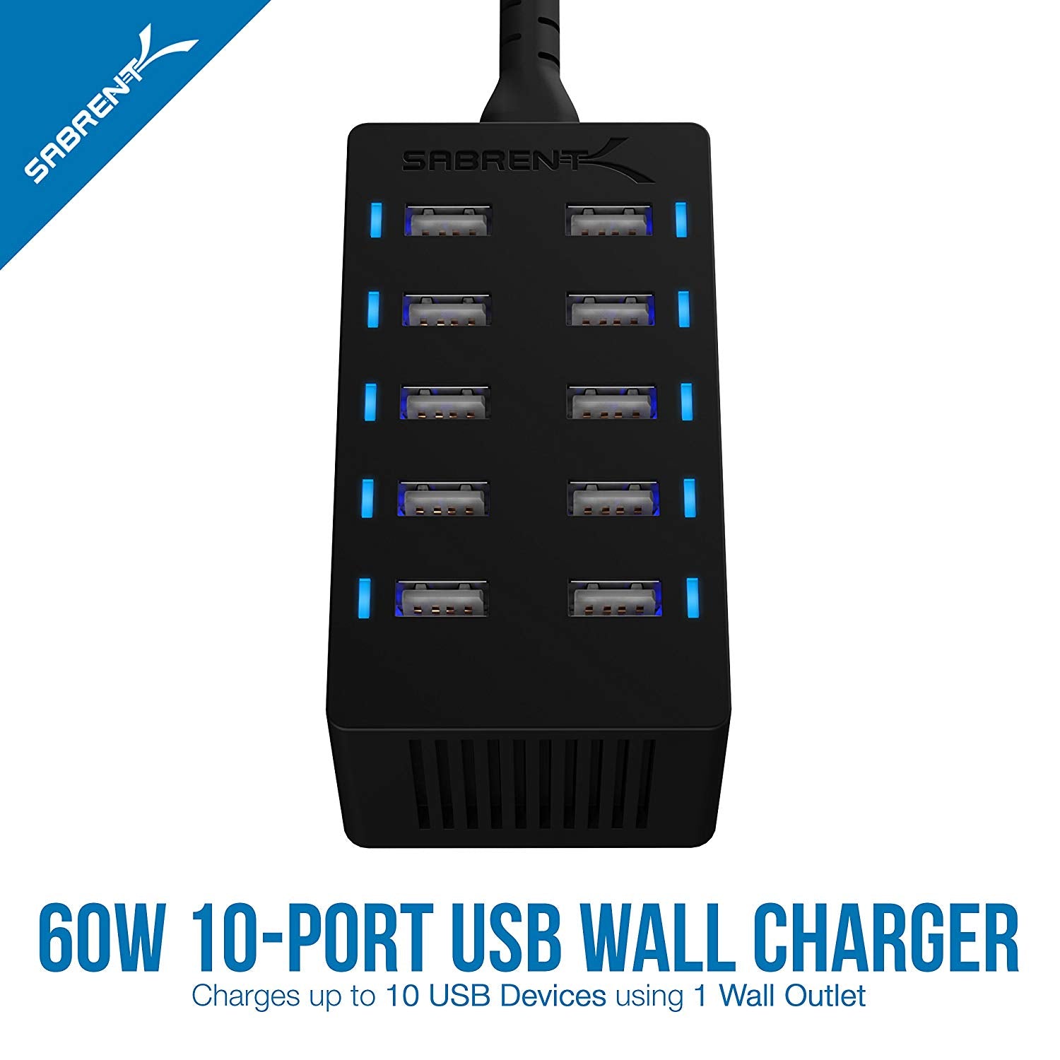 60 Watt (12 Amp) 10-Port Family-Sized Desktop USB Rapid Charger. + 6 Micro USB Cables [X3-3ft and X3-1ft] Black