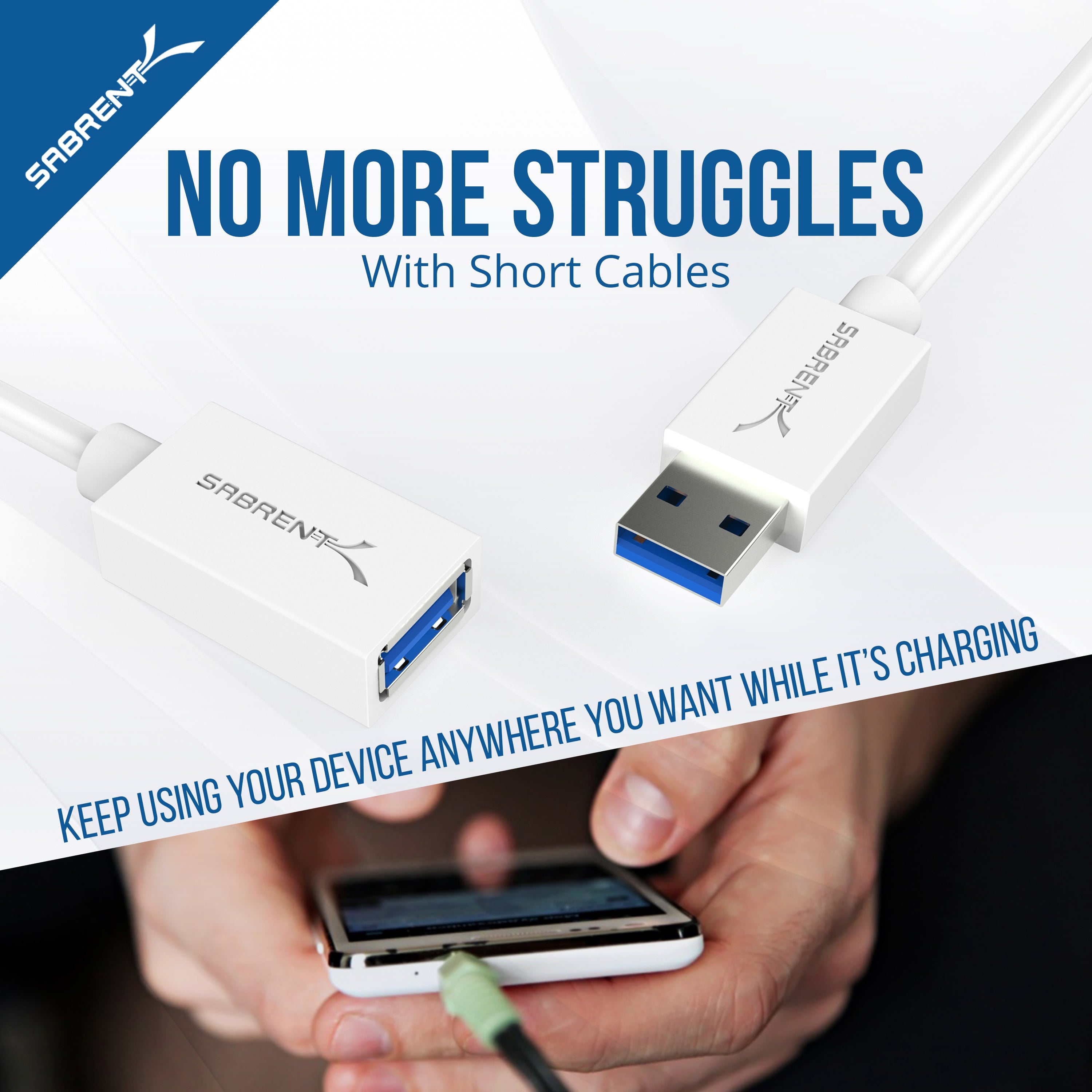 22AWG USB 3.0 Extension Cable - A-Male to A-Female [White] 3 Feet