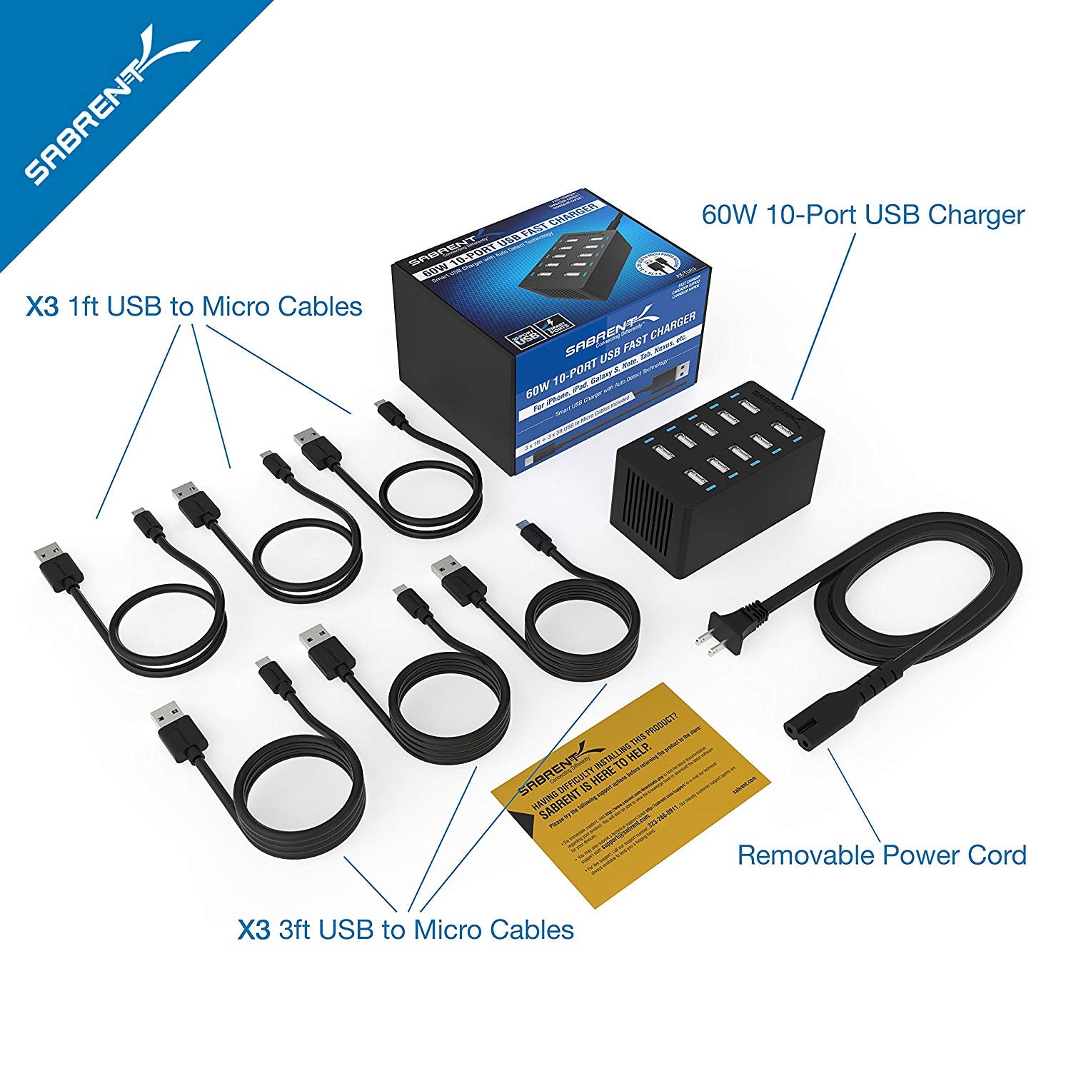 60 Watt (12 Amp) 10-Port Family-Sized Desktop USB Rapid Charger. + 6 Micro USB Cables [X3-3ft and X3-1ft] Black
