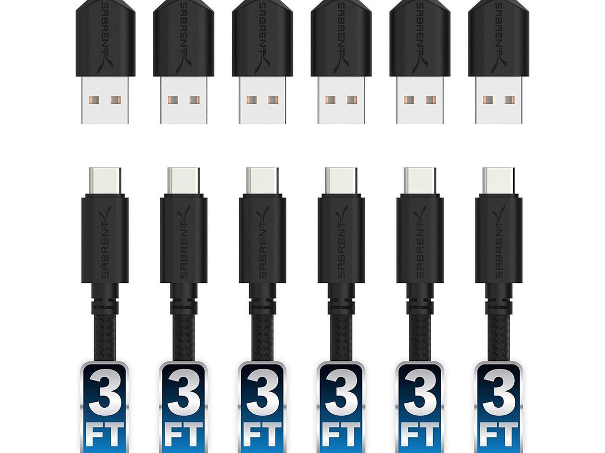 6-Pack 22AWG Premium 3ft USB-C to USB A 2.0 Cables