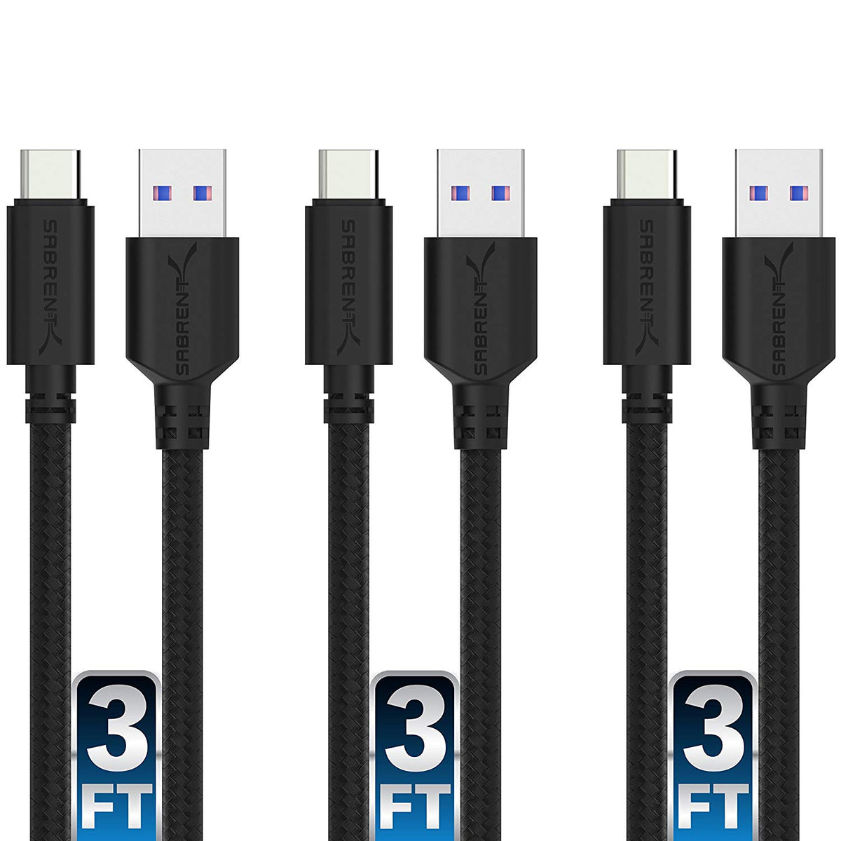 3-Pack 22AWG 3ft USB-C to USB A 3.0 Sync &amp; Charge Cables