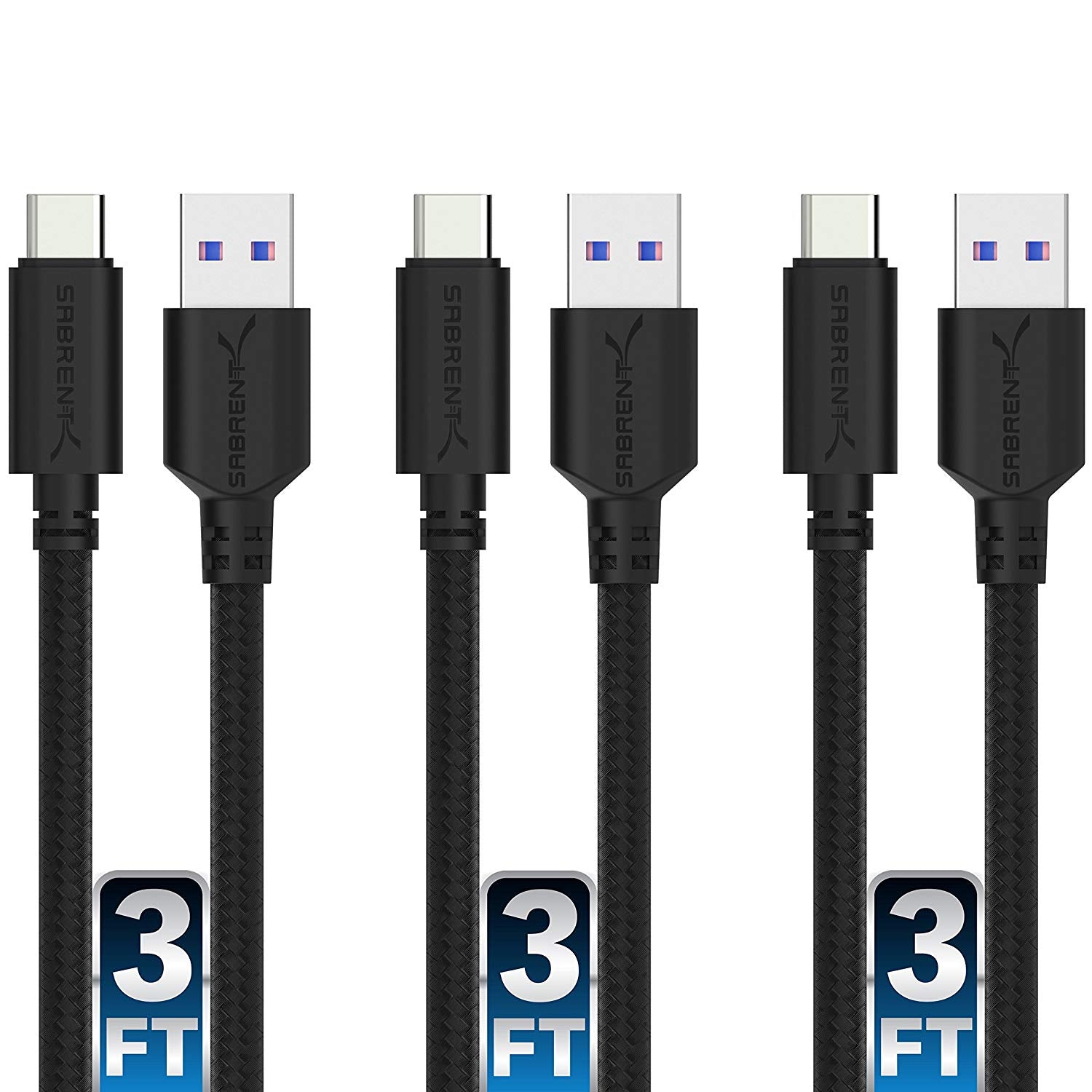 3-Pack 22AWG 3ft USB-C to USB A 3.0 Sync & Charge Cables