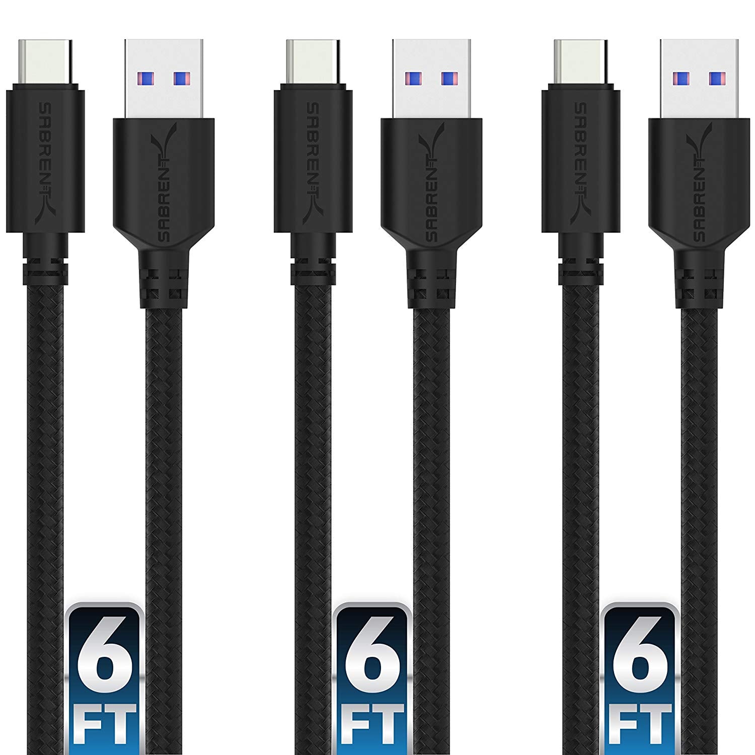 3-Pack 22AWG 6ft USB-C to USB A 3.0 Sync & Charge Cables