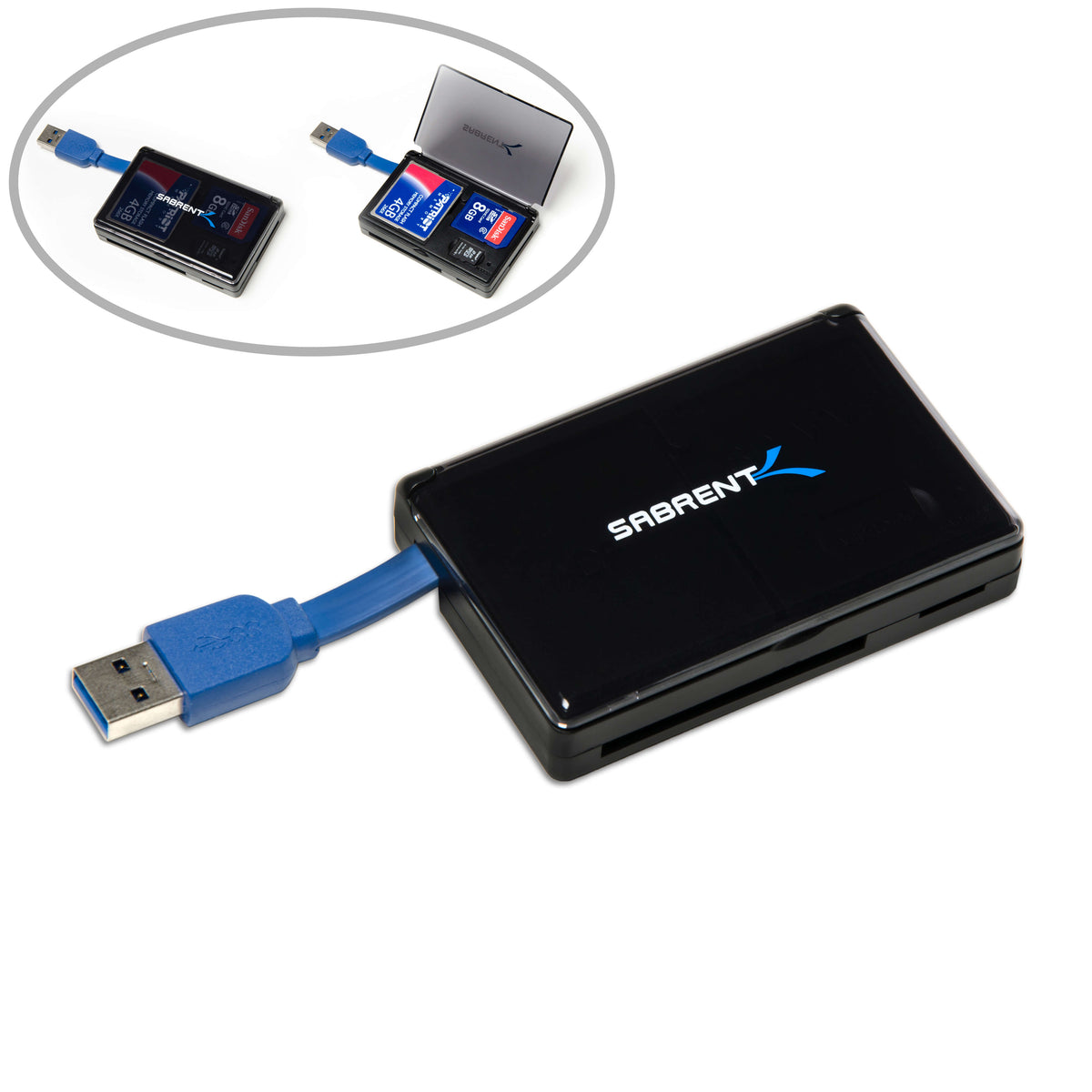 3 Slot USB 3.0 SuperSpeed Memory Card Reader with Card Storage Box