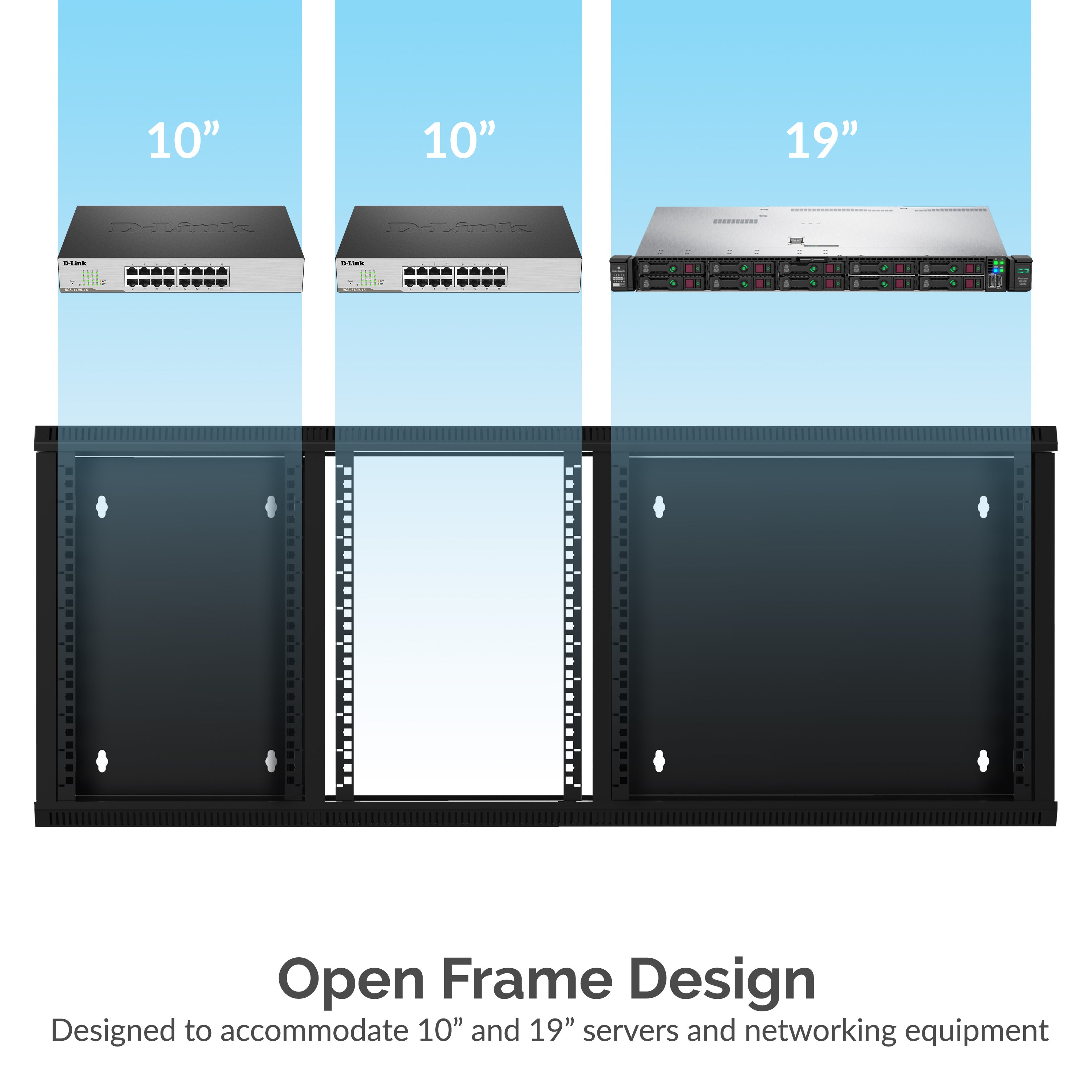 9U IT Wall Mount Rack Enclosure 3 Compartments in 1, 19 Inch Black Server Cabinet