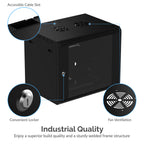 9U IT Wall Mount Rack Enclosure 19 Inch Black Server Cabinet With Locking Glass Door and Pull-Out Drawer