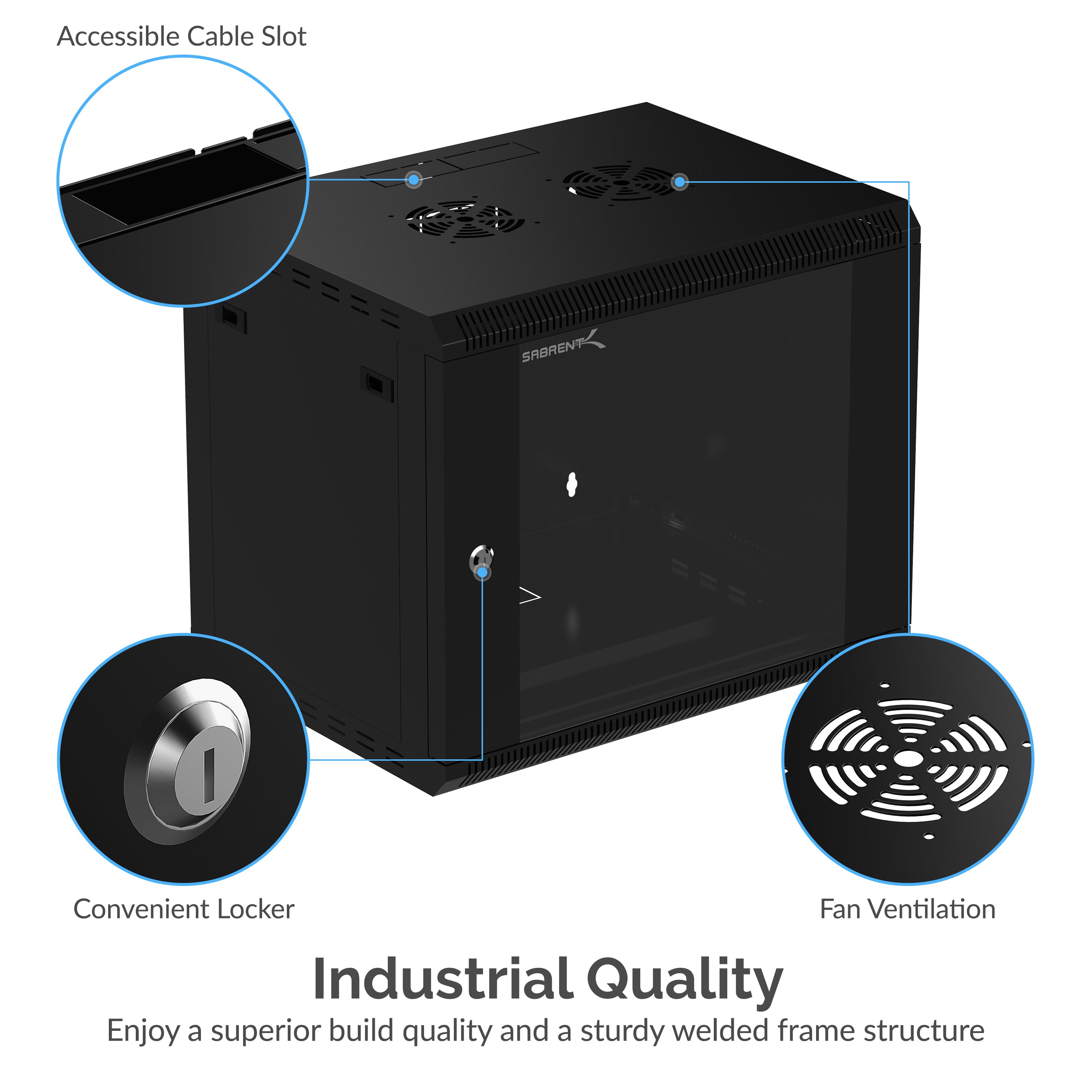 9U IT Wall Mount Rack Enclosure 19 Inch Black Server Cabinet With Locking Glass Door and Pull-Out Drawer