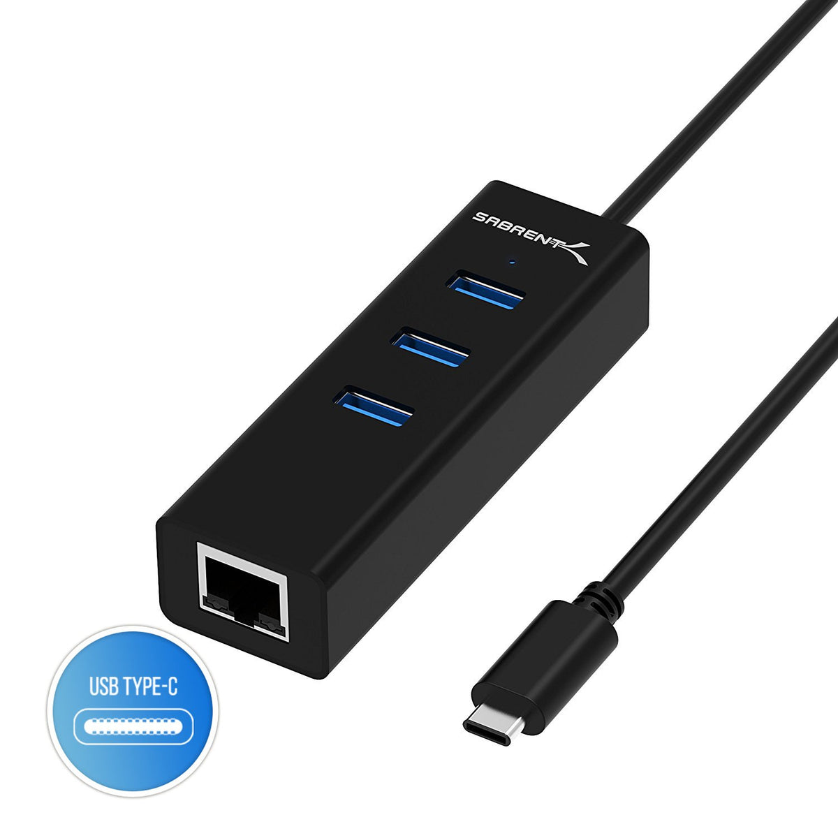 3-Port USB-C to USB 3.0 Aluminum Hub with 1 Gigabit Ethernet Port, Compatible with MacBook Pro, ChromeBook, XPS and More [Built-in 1ft Cable]