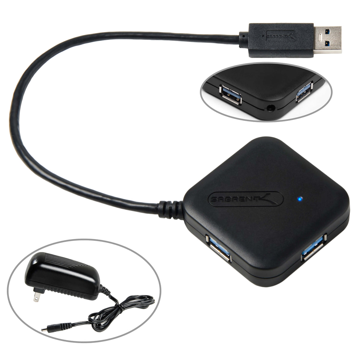 4 Port Portable USB 3.0 Hub With Powerful 5V/4A Power Adapter