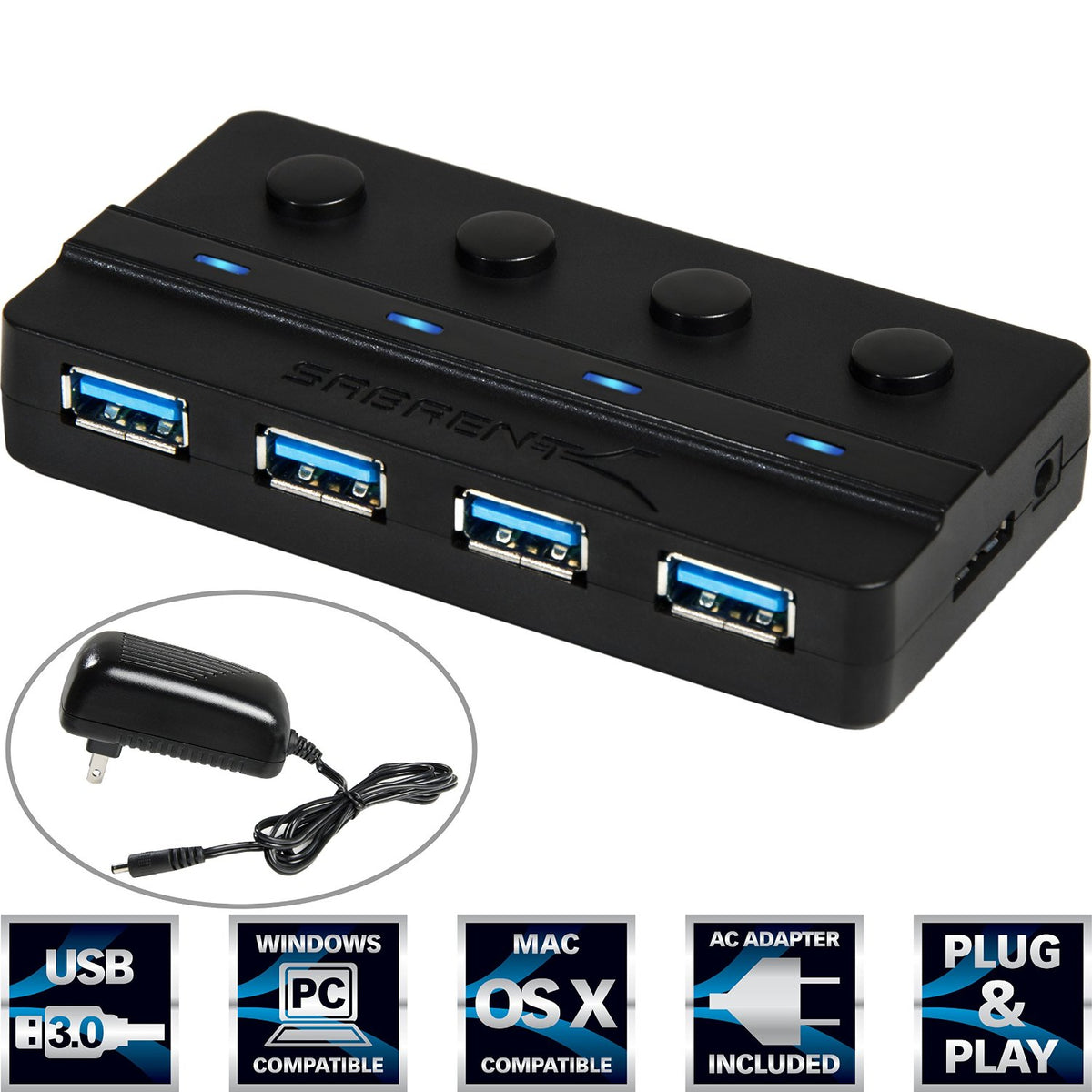 USB 3.0 4-Port High Powered Hub with 4A Power Adapter