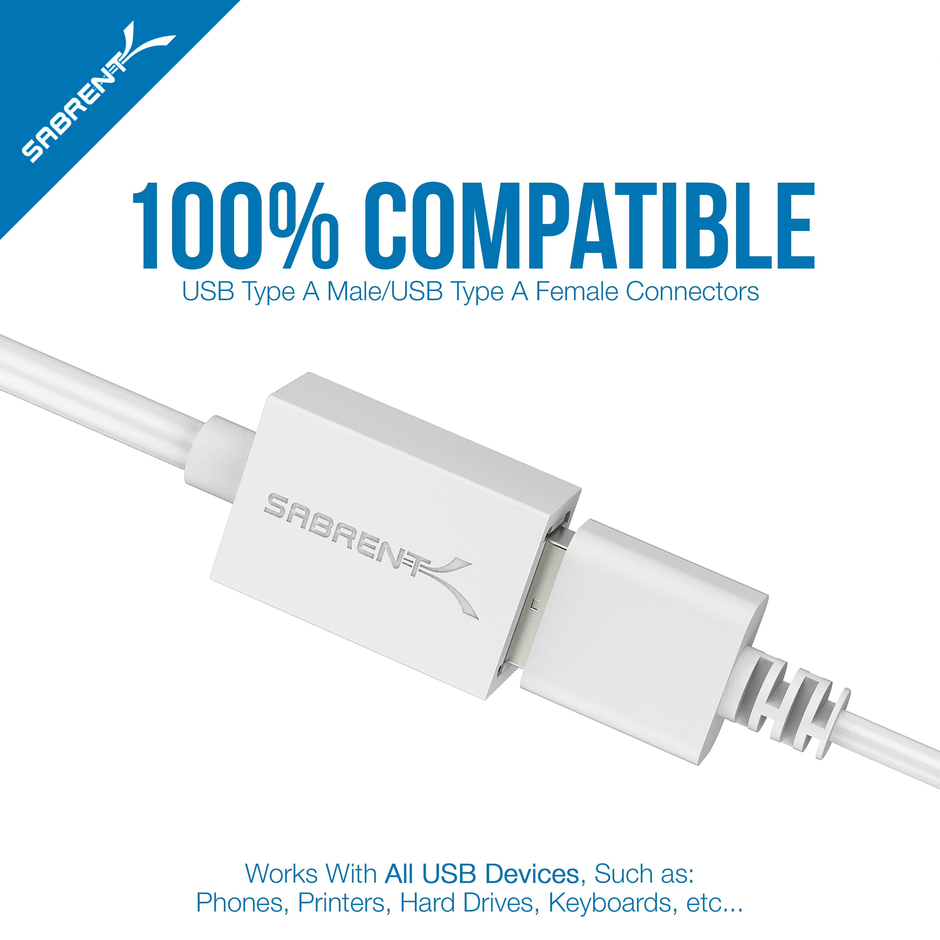 22AWG USB 2.0 Extension Cable - A-Male to A-Female [White] 10 Feet