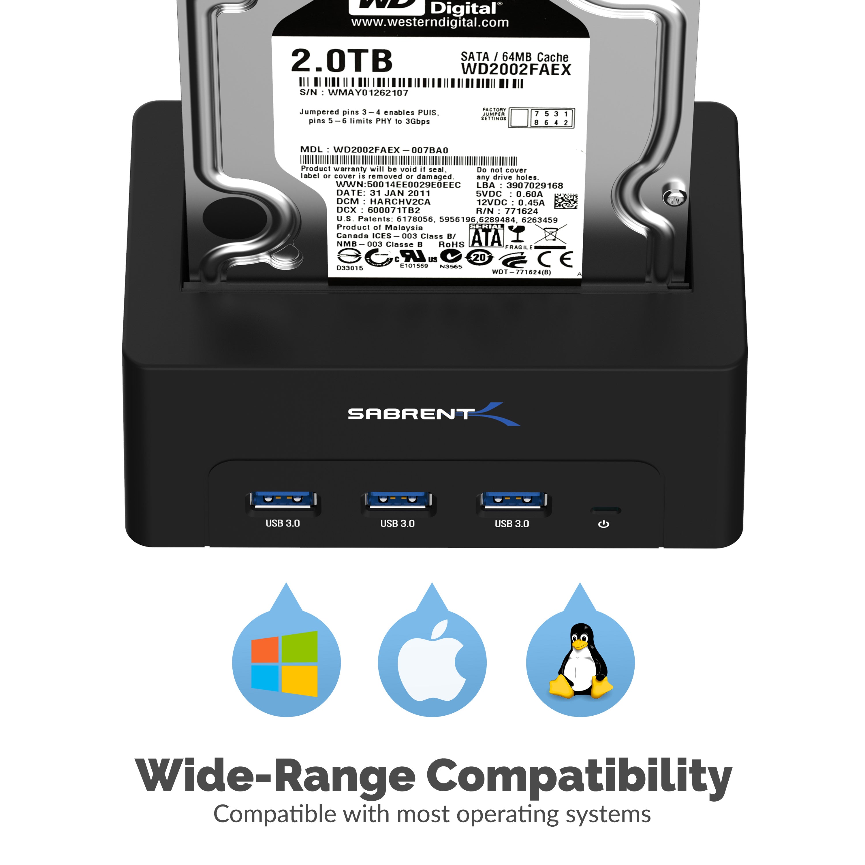 USB 3.0 SATA/SSD 2.5" HDD Docking Station with 3 USB Ports