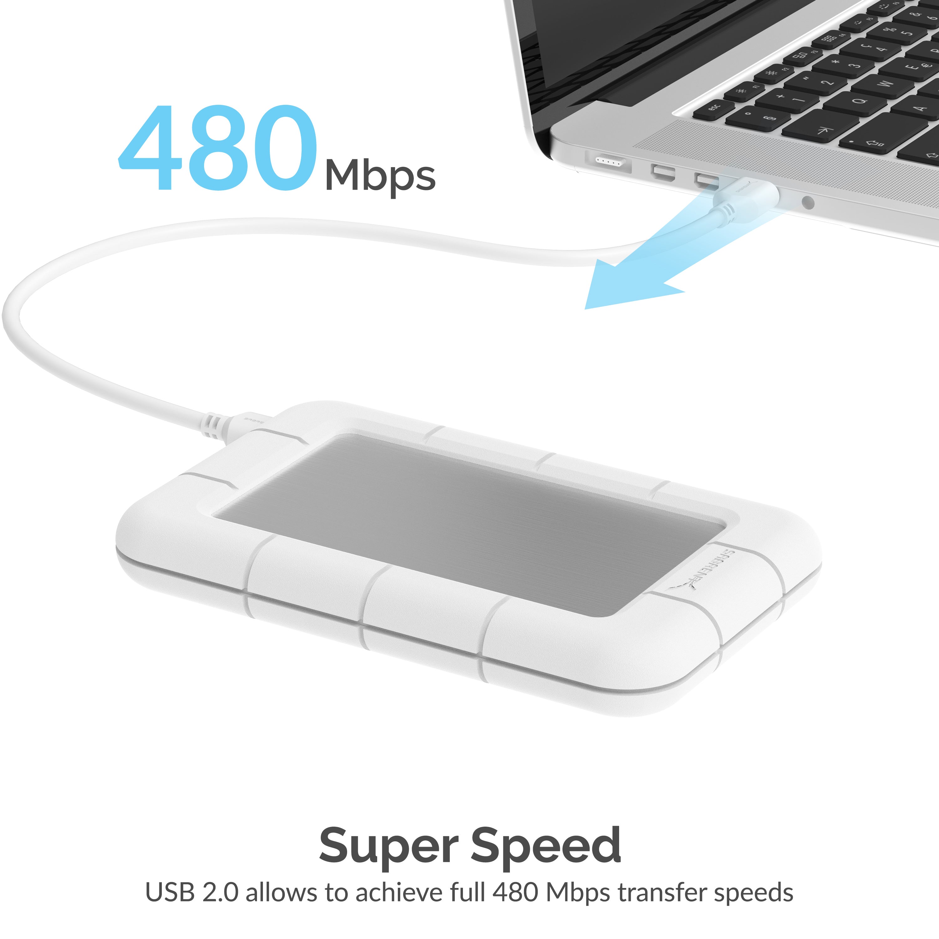 USB 2.0 to 2.5-Inch SATA/SSD External Shockproof Aluminum Hard Drive Enclosure White/Silver