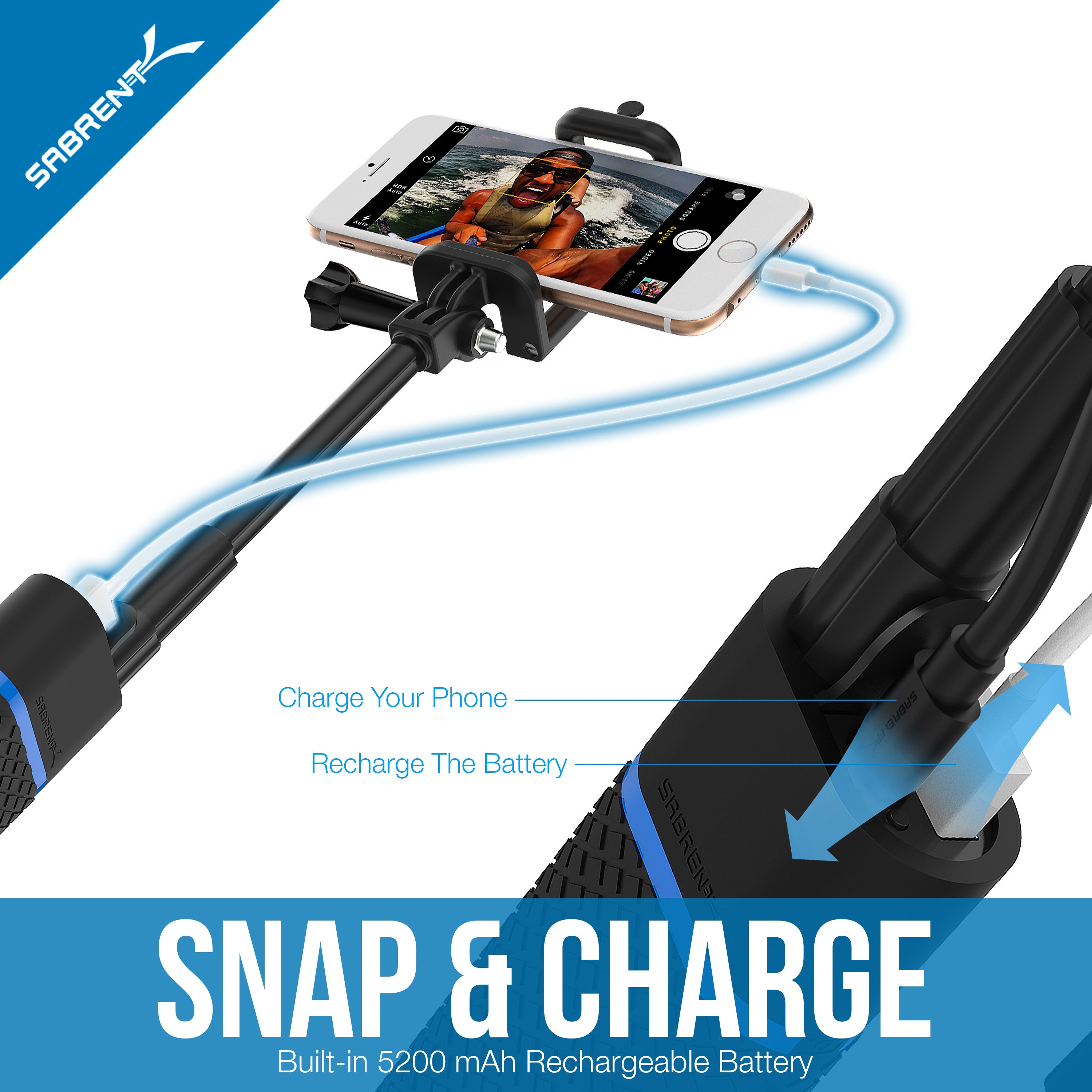 Bluetooth Selfie Stick with built-in 5200mAh battery Charger