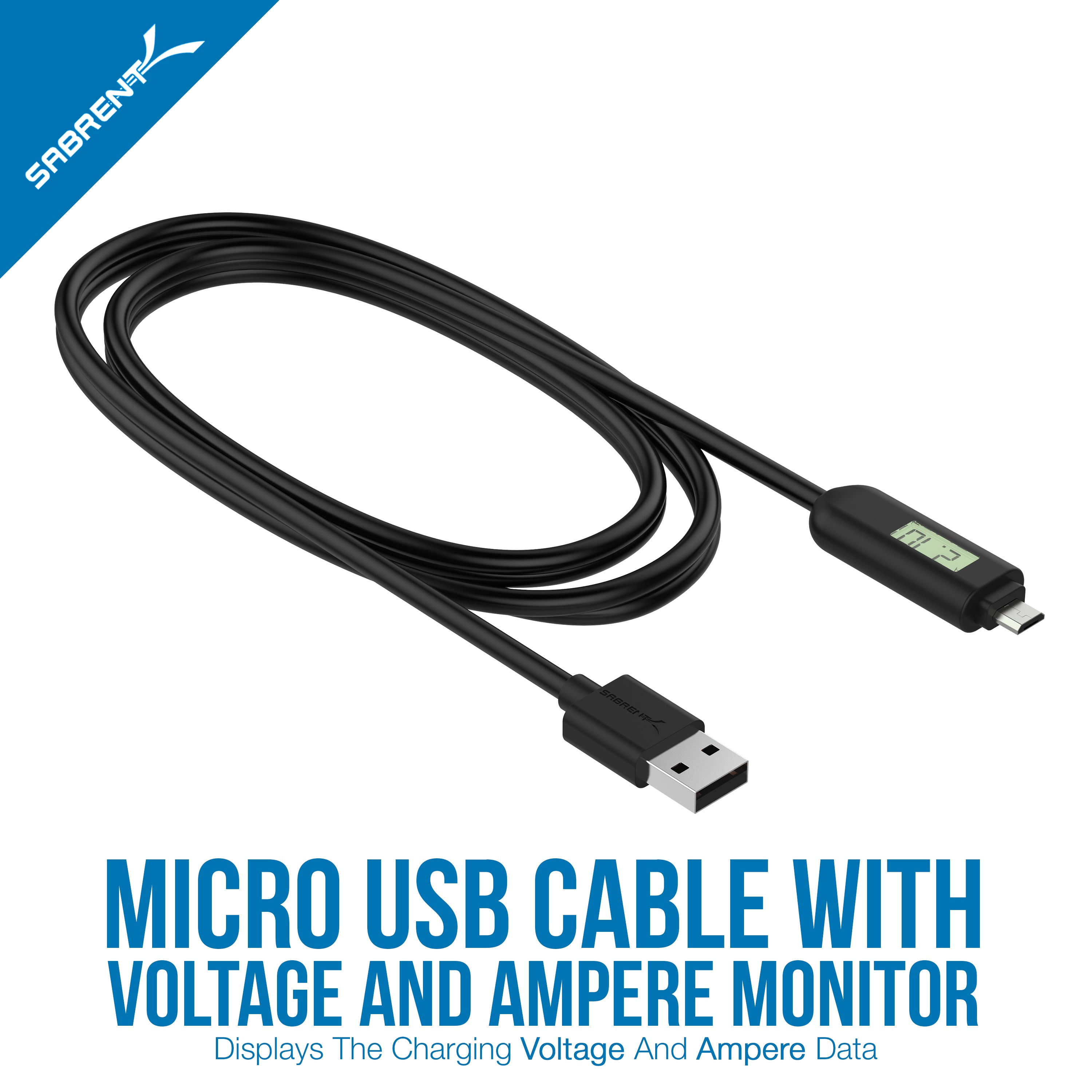 Micro USB cable with Voltage and Ampere Monitor (6 FT)