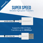 22AWG USB 2.0 Extension Cable - A-Male to A-Female [White] 10 Feet