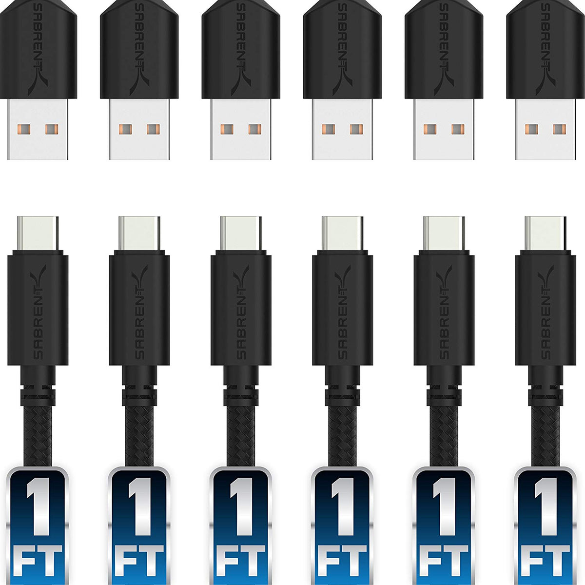 6-Pack 22AWG Premium 1ft USB-C to USB A 2.0 Cables