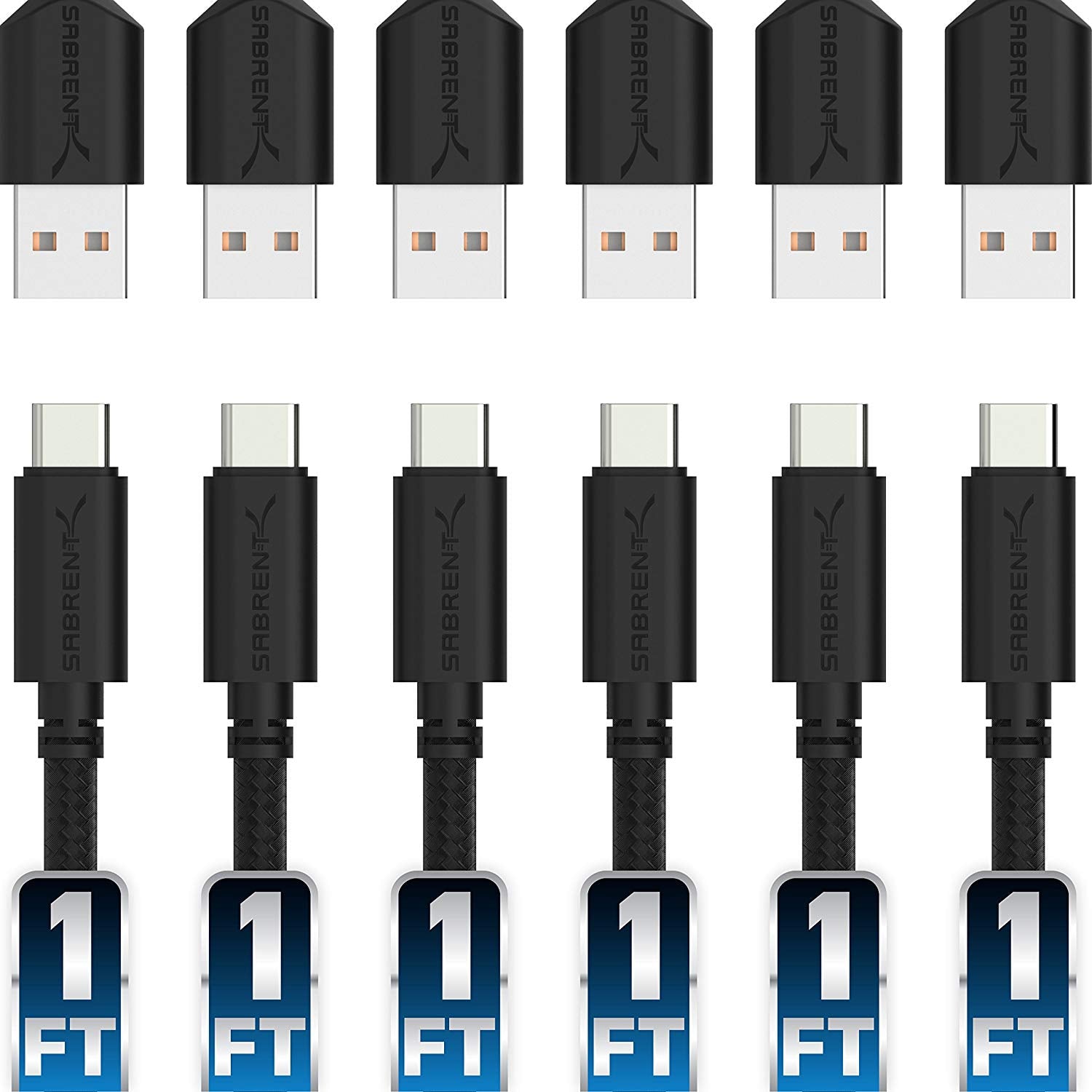 6-Pack 22AWG Premium 1ft USB-C to USB A 2.0 Cables