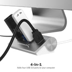 Premium 4 Port Aluminum USB 3.0 Hub (30" Cable) for iMac, MacBook, MacBook Pro, MacBook Air, Mac Mini, or Any PC [Silver] 5V/4A Power Adapter Included